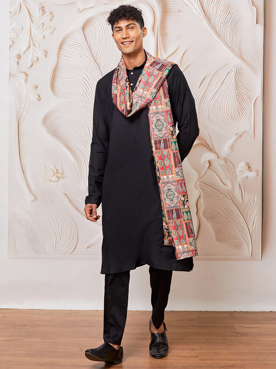 Men's Black Viscose Kurta Pant And Dupatta Set