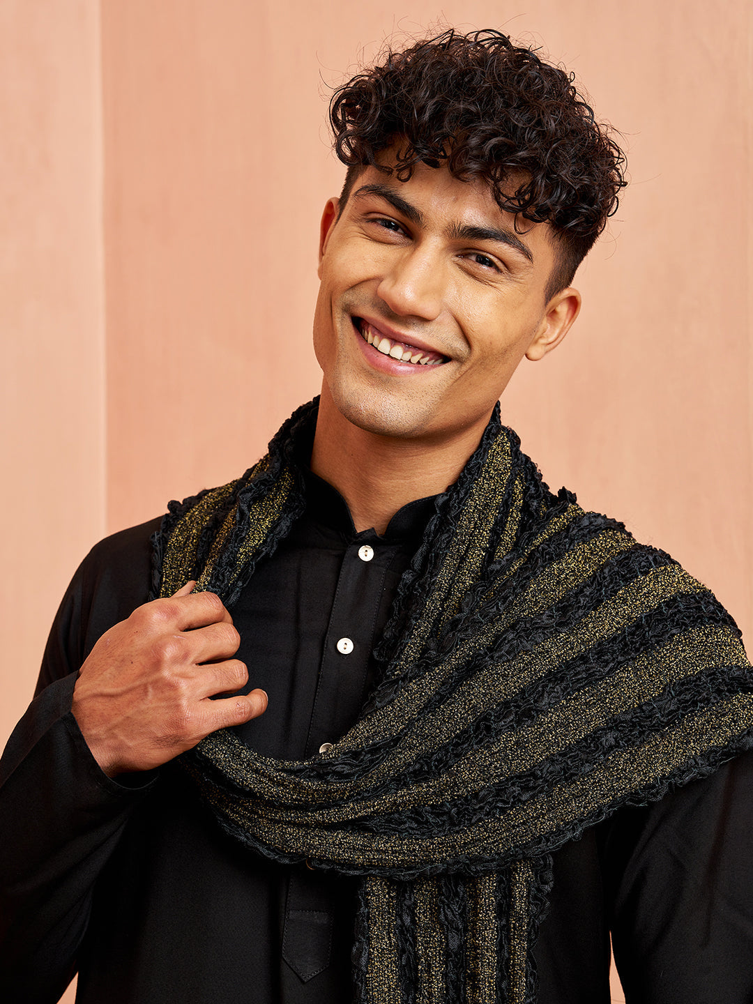 Men's Black Viscose Kurta Pyjama Dupatta Set