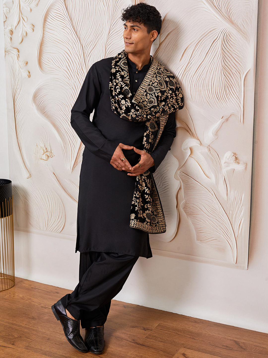 Men's Black Viscose Kurta,Patiala And Dupatta Set.