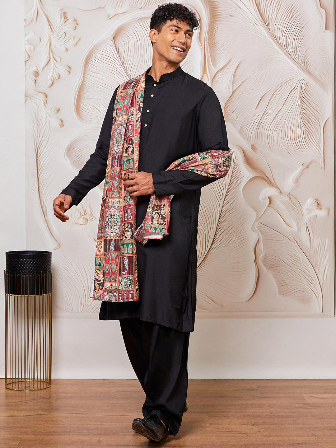 Men's Black Viscose Kurta, Patiala And Dupatta Set.