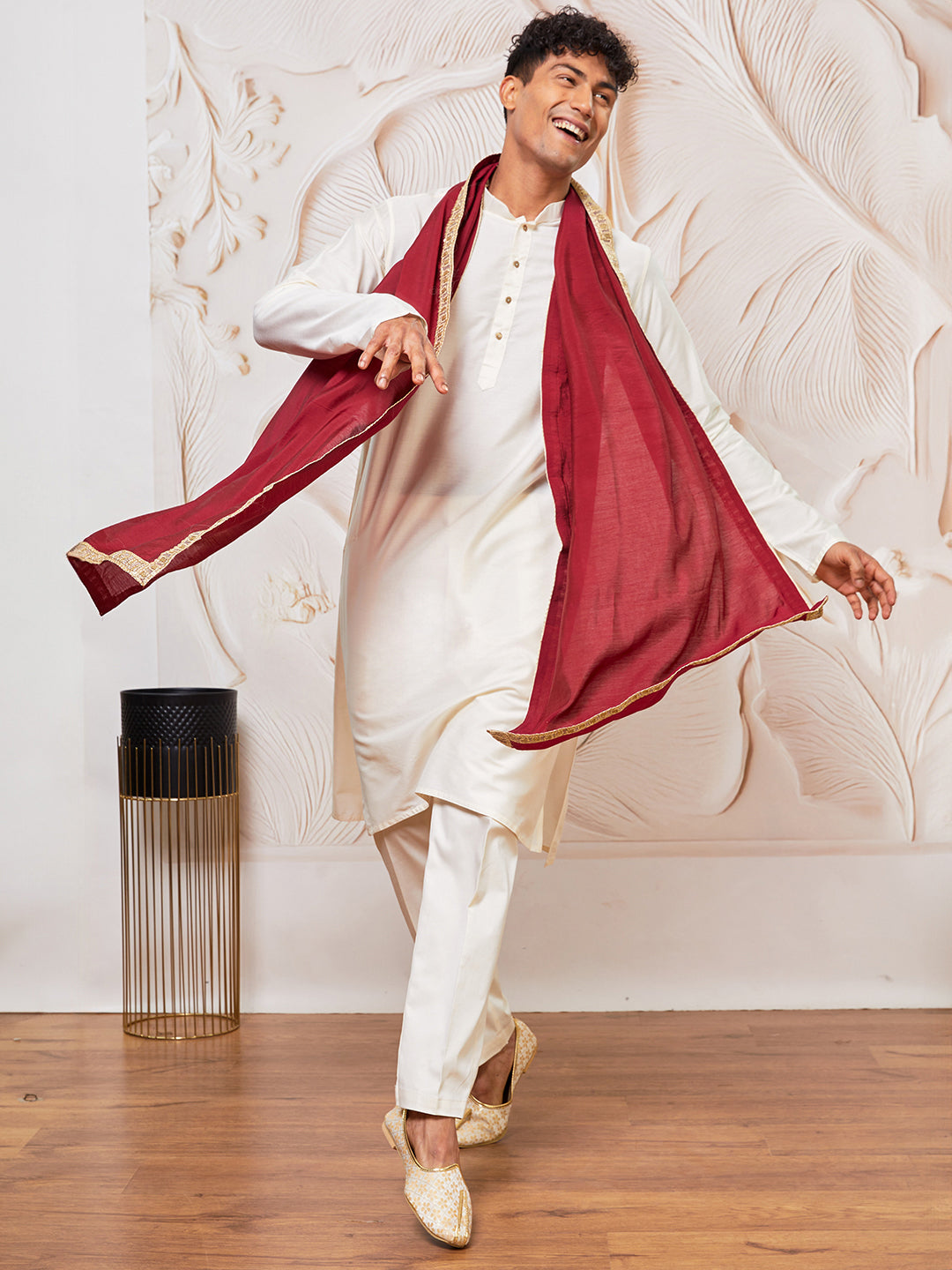 Men's Cream Viscose Kurta,Pant And Dupatta Set