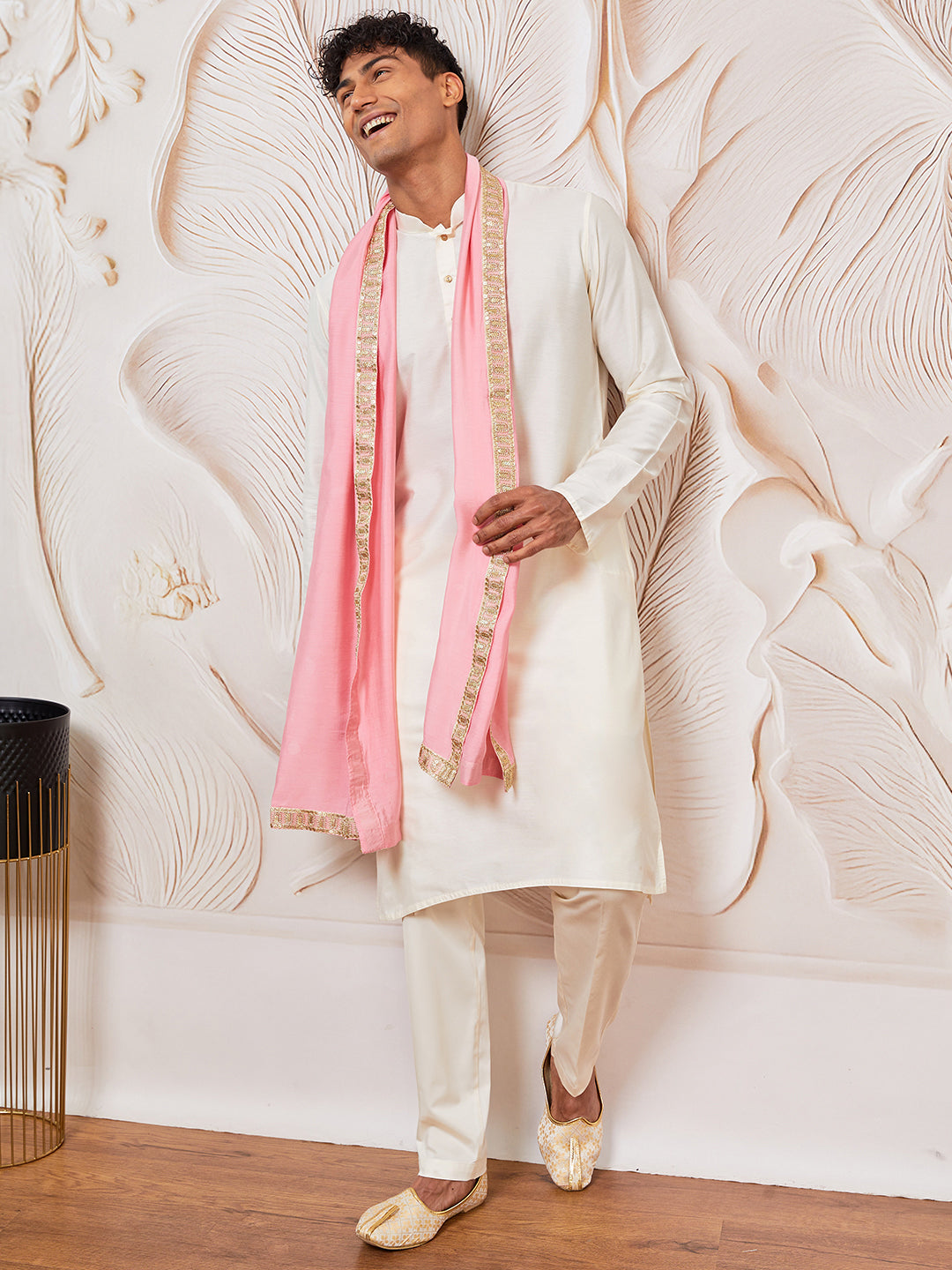 Men's Cream Viscose Kurta,Pant And Dupatta Set