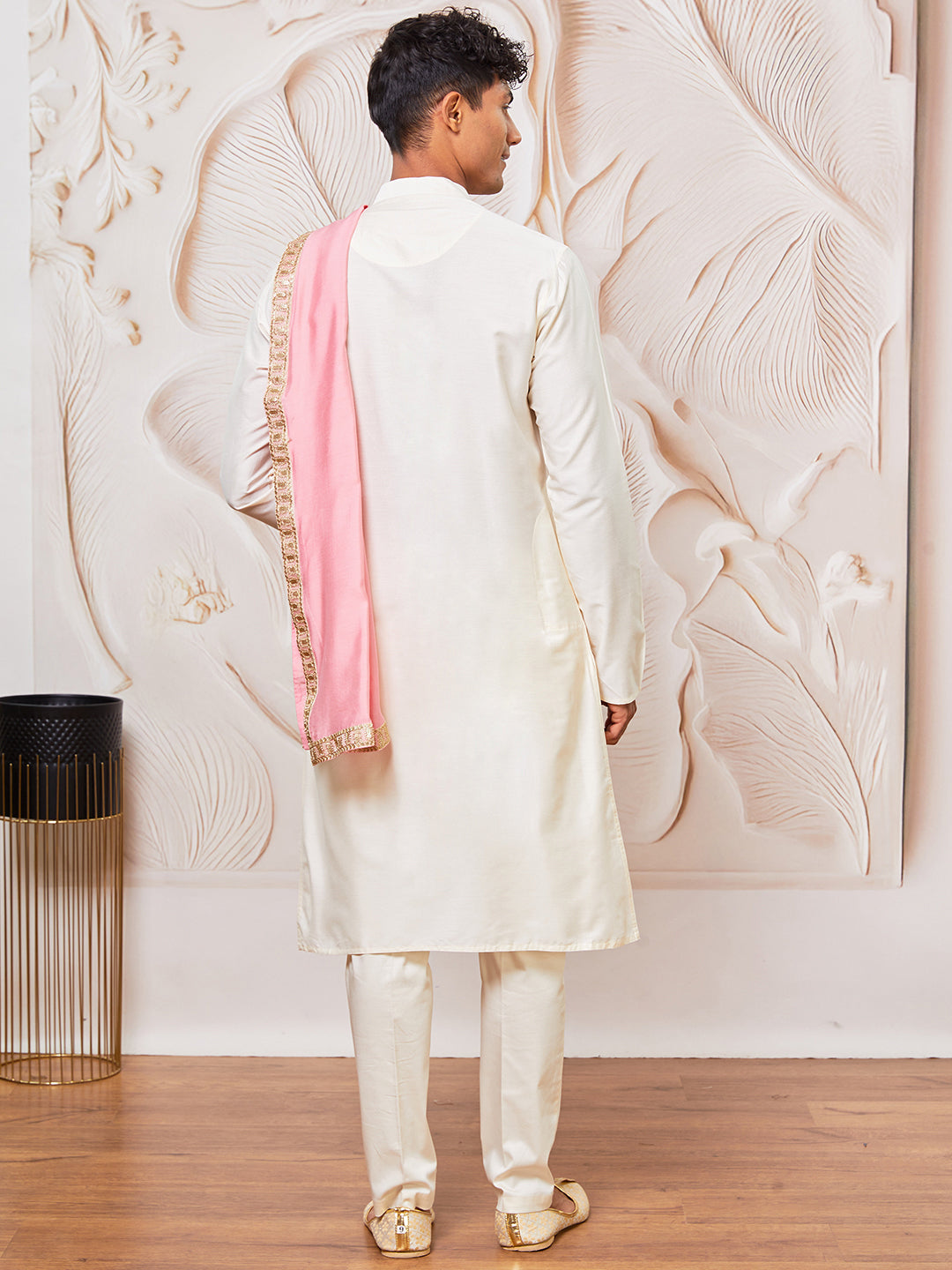 Men's Cream Viscose Kurta,Pant And Dupatta Set