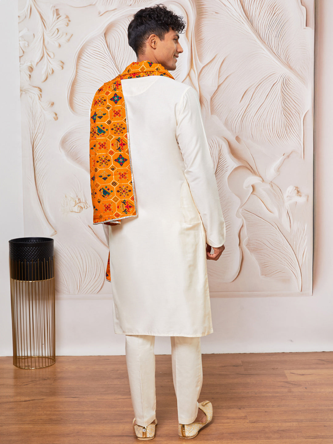 Men's Cream Viscose Kurta, Pant And Dupatta Set
