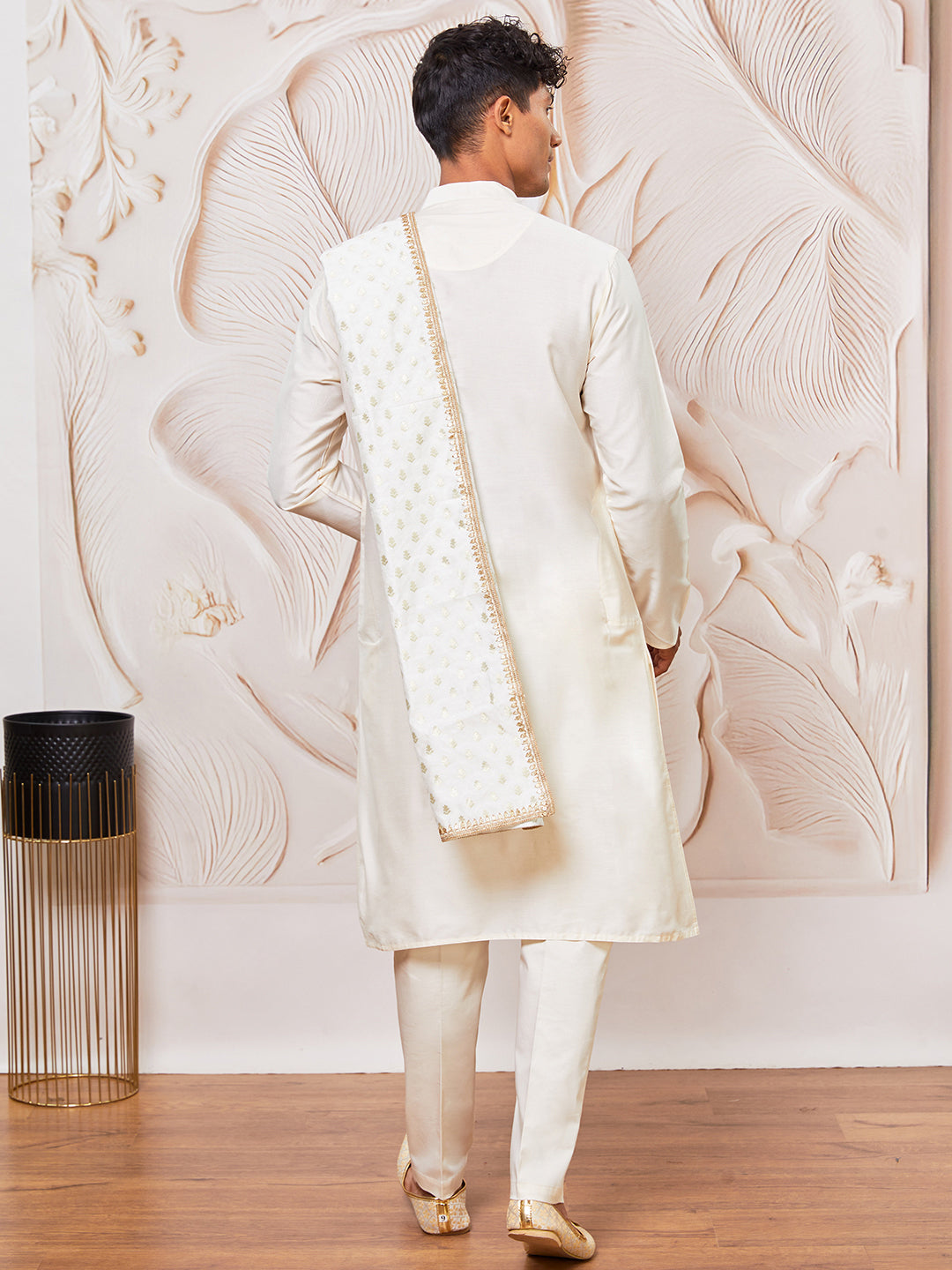 Men's Cream Viscose Kurta, Pant And Dupatta Set