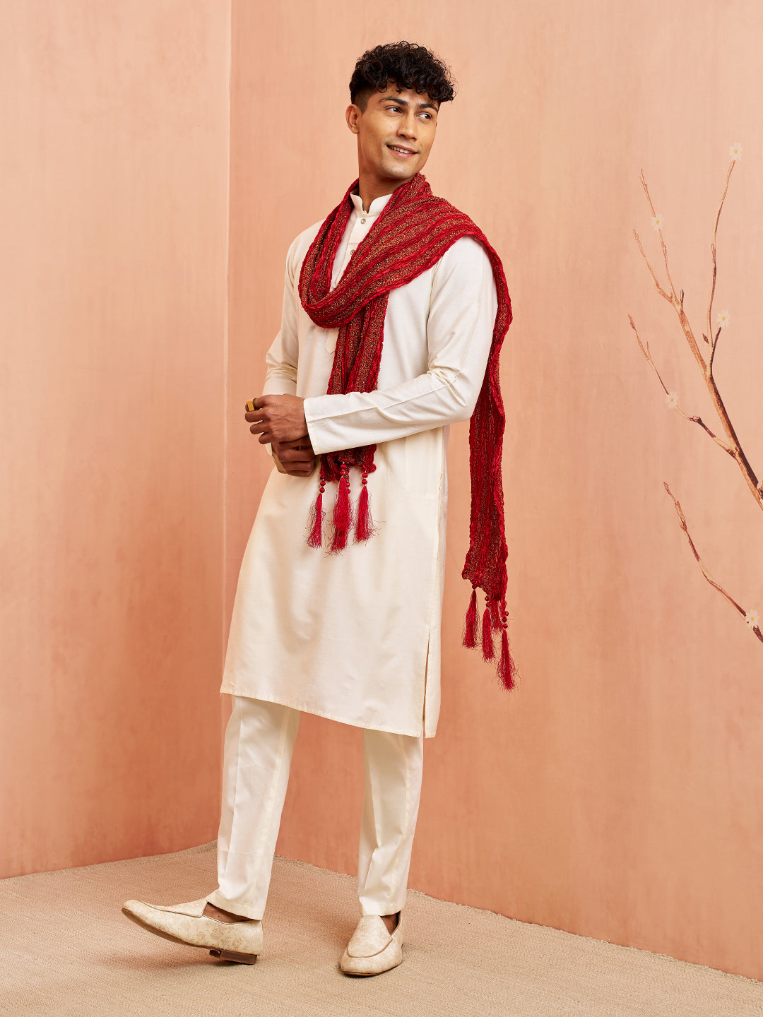 Vastramay Men Cream Silk Kurta Pyjama Set - 3 Piece with Maroon Dupatta Wedding Wear