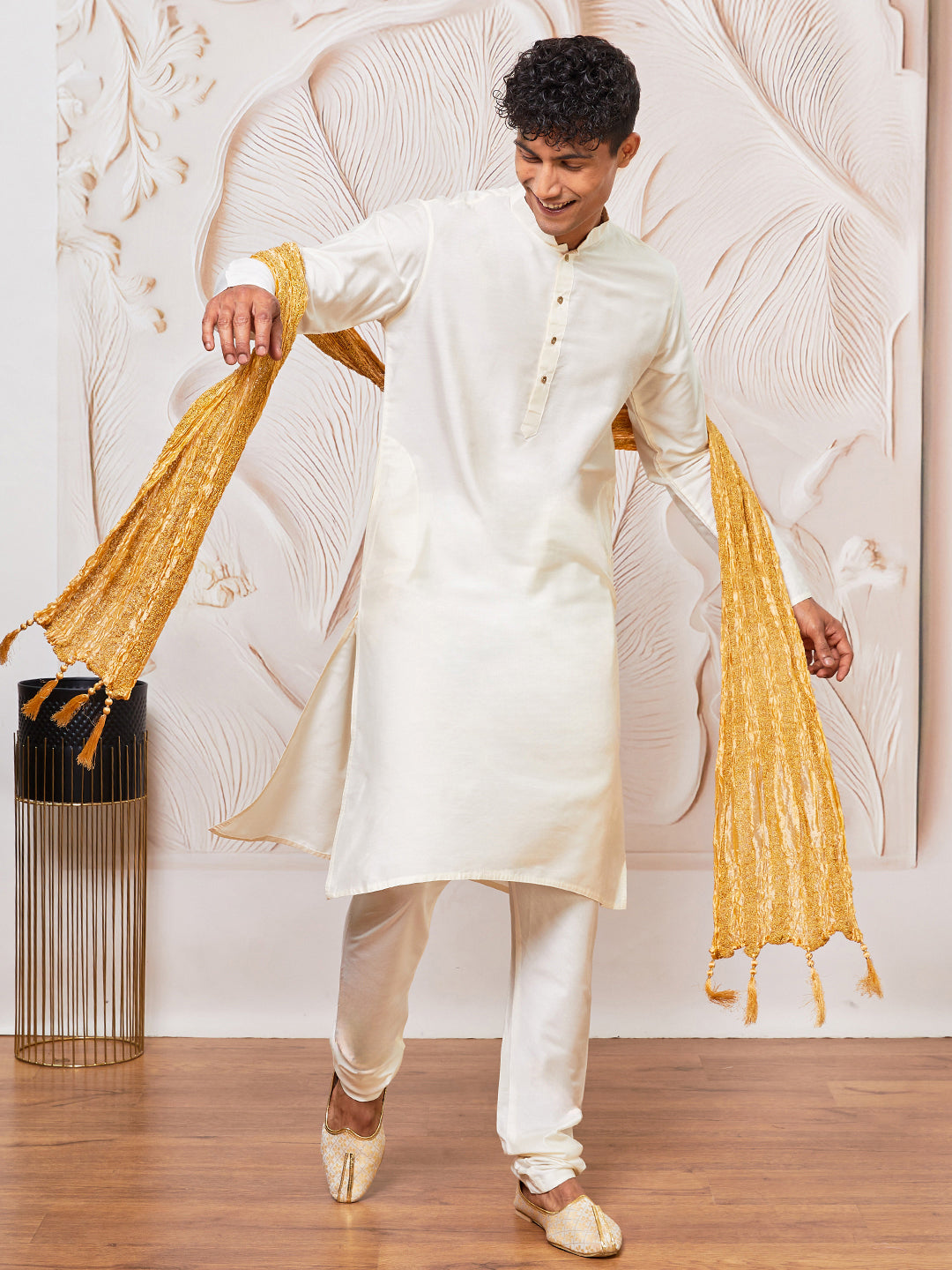 Men's Cream Viscose Kurta, Pant And Dupatta Set