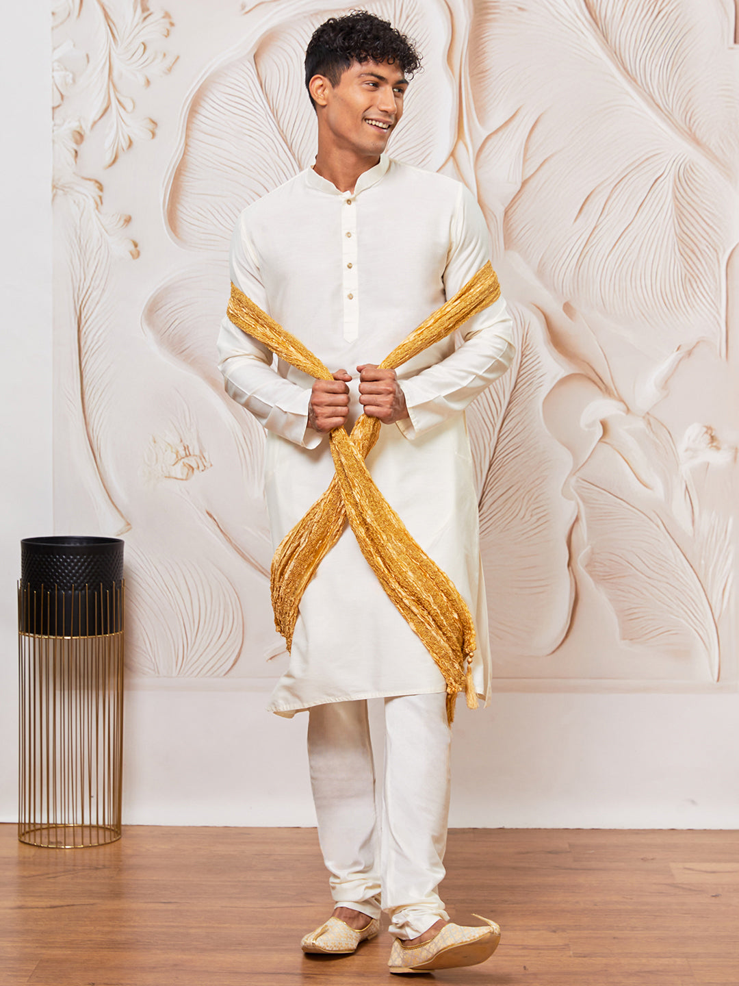 Men's Cream Viscose Kurta, Pant And Dupatta Set