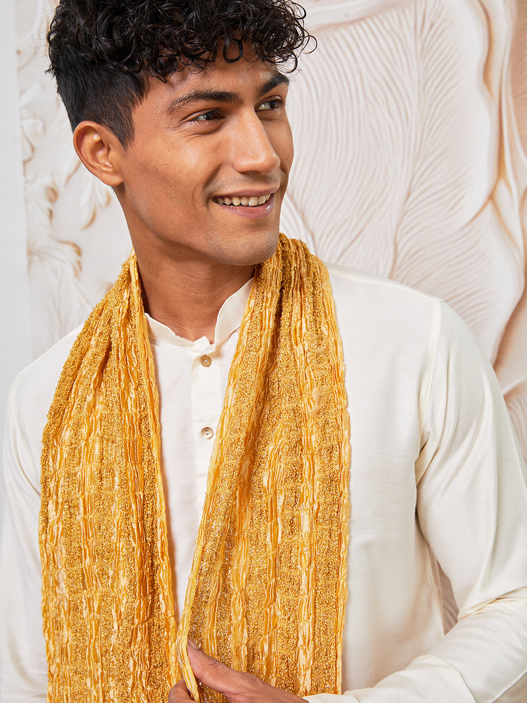 Men's Cream Viscose Kurta, Pant And Dupatta Set