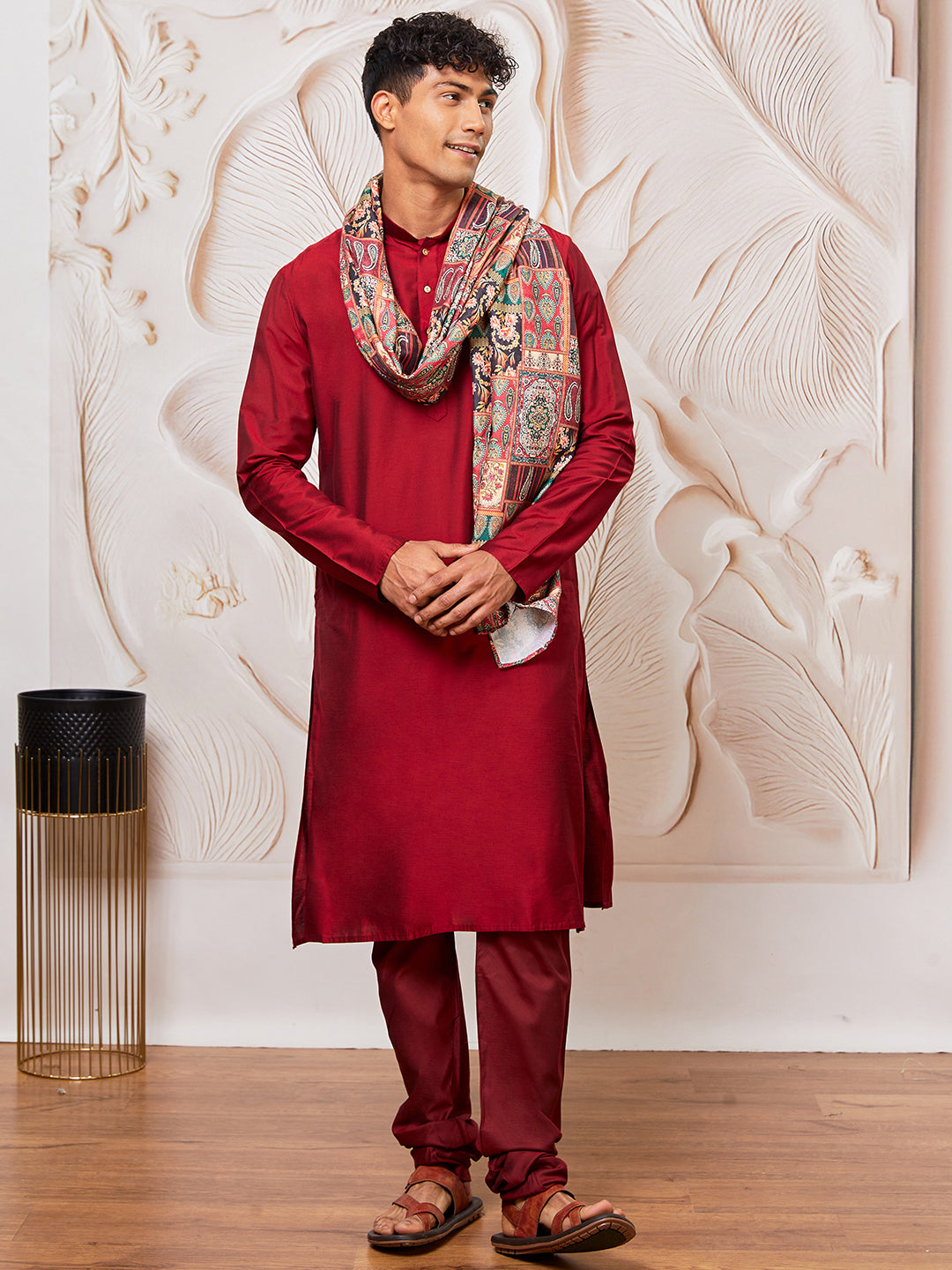 Men's Maroon Viscose Kurta,Pant And Dupatta Set