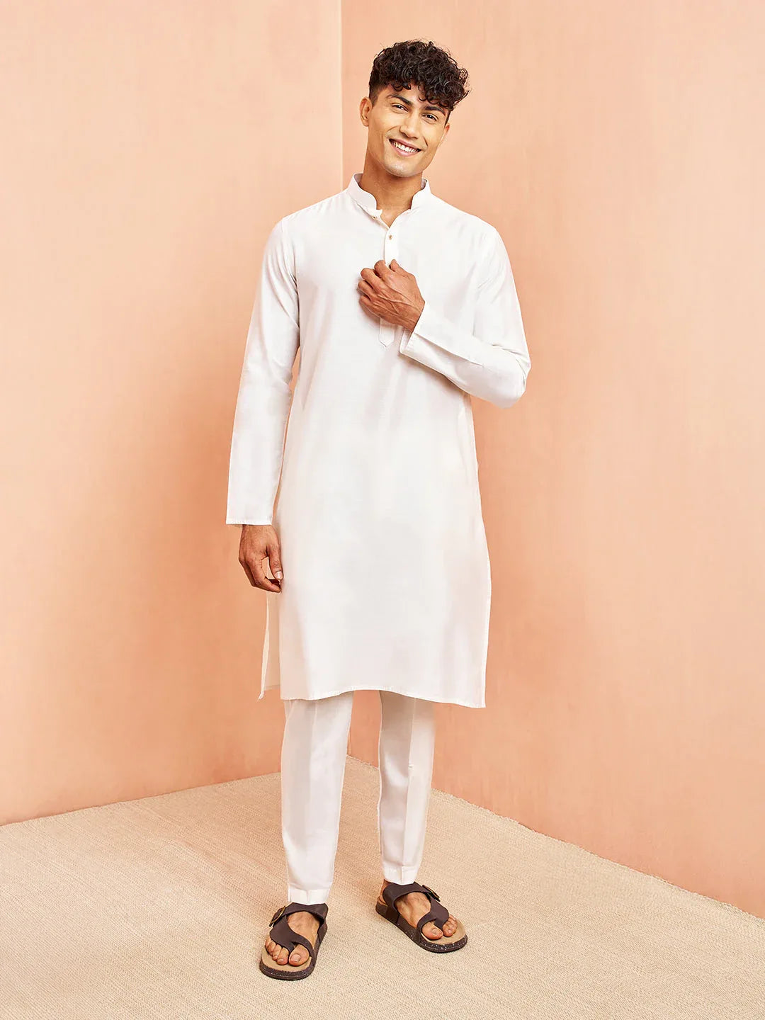 Men's White Viscose Kurta with White Pant Set