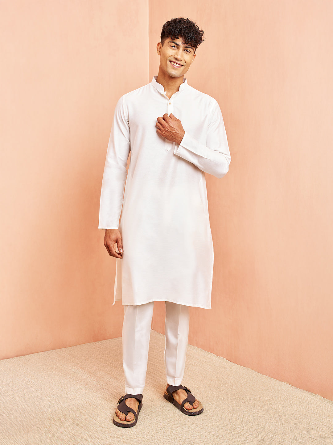 Men's White Viscose Kurta with White Pant Set