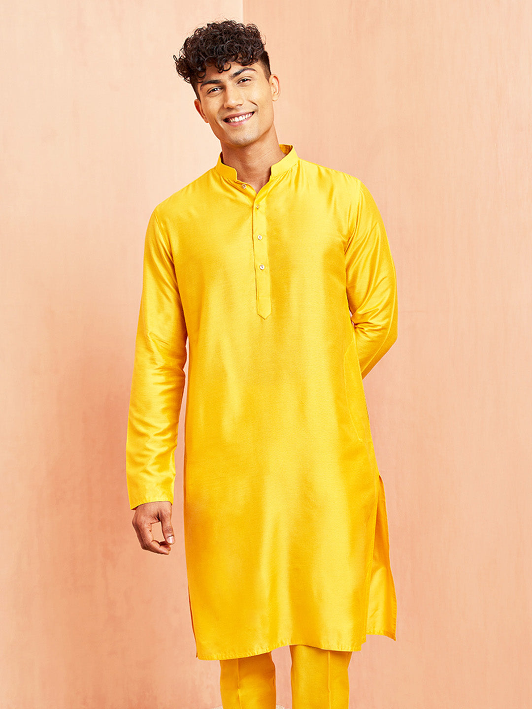 Men's Yellow Viscose Kurta Long Sleeve Mandarin Collar Festive Wear