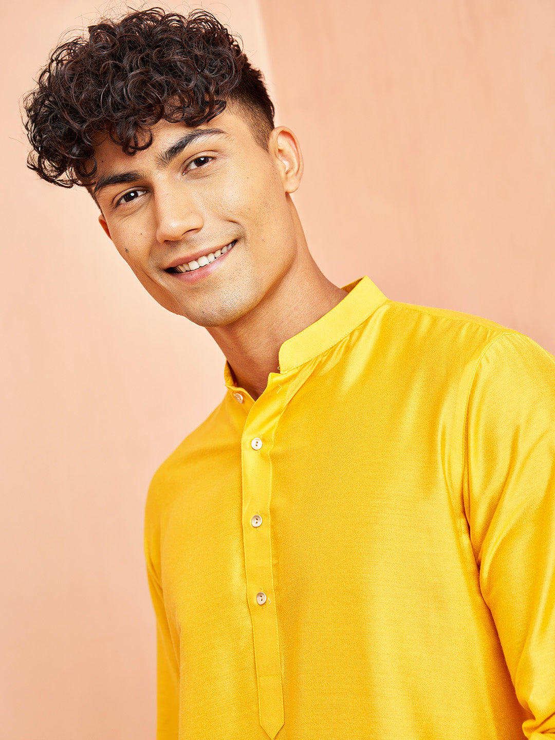 Men's Yellow Viscose Kurta Long Sleeve Mandarin Collar Festive Wear