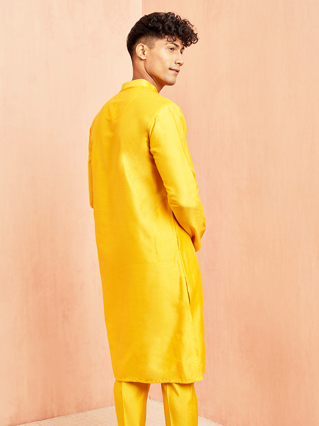 Men's Yellow Viscose Kurta Long Sleeve Mandarin Collar Festive Wear