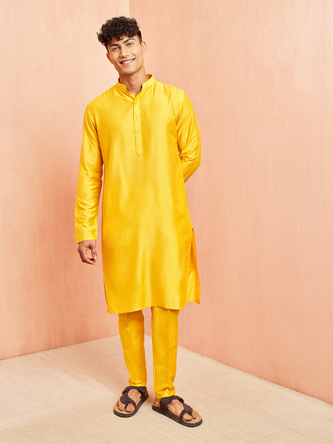 Men's Yellow Viscose Kurta with Yellow Pant Set
