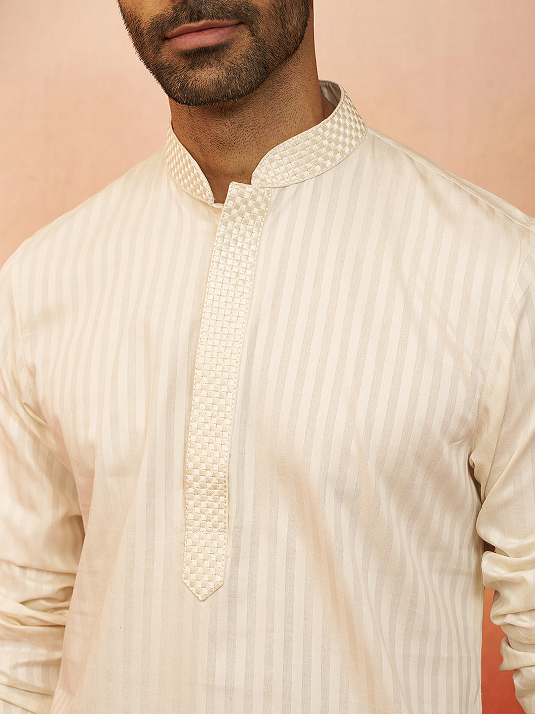Men's Cream Thread Embroidered Kurta with Pyjama