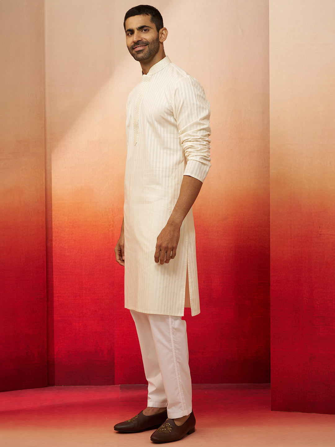 Men's Cream Thread Embroidered Kurta with Pyjama