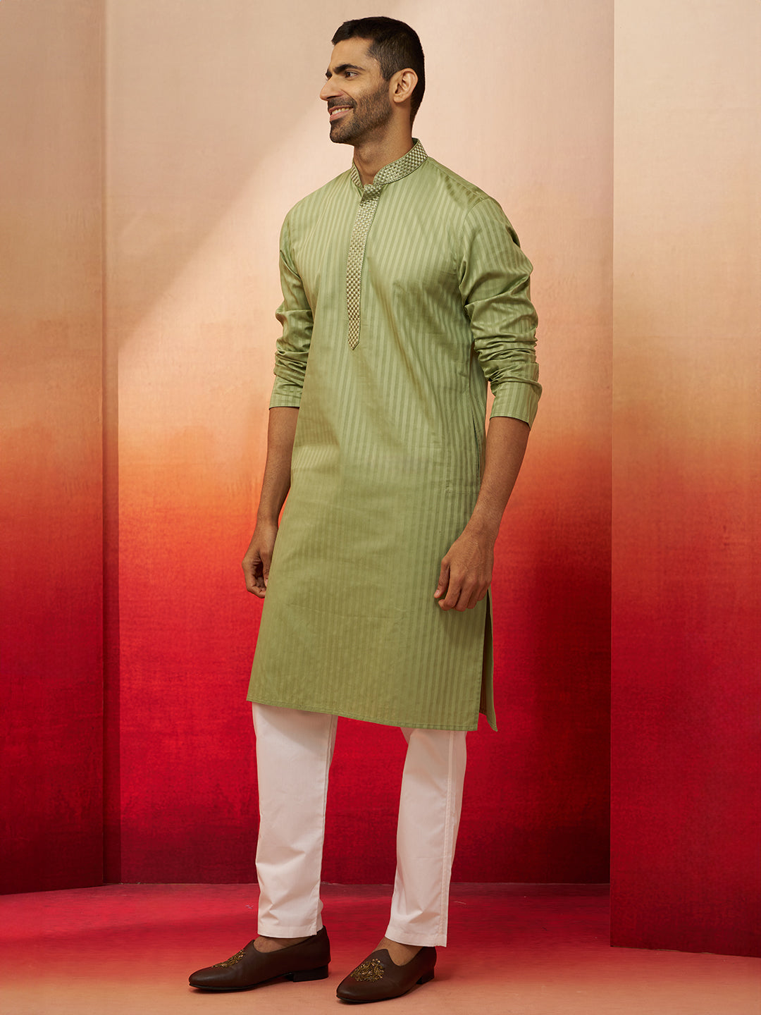 Men's Mint Green Thread Embroidered Kurta with Pyjama