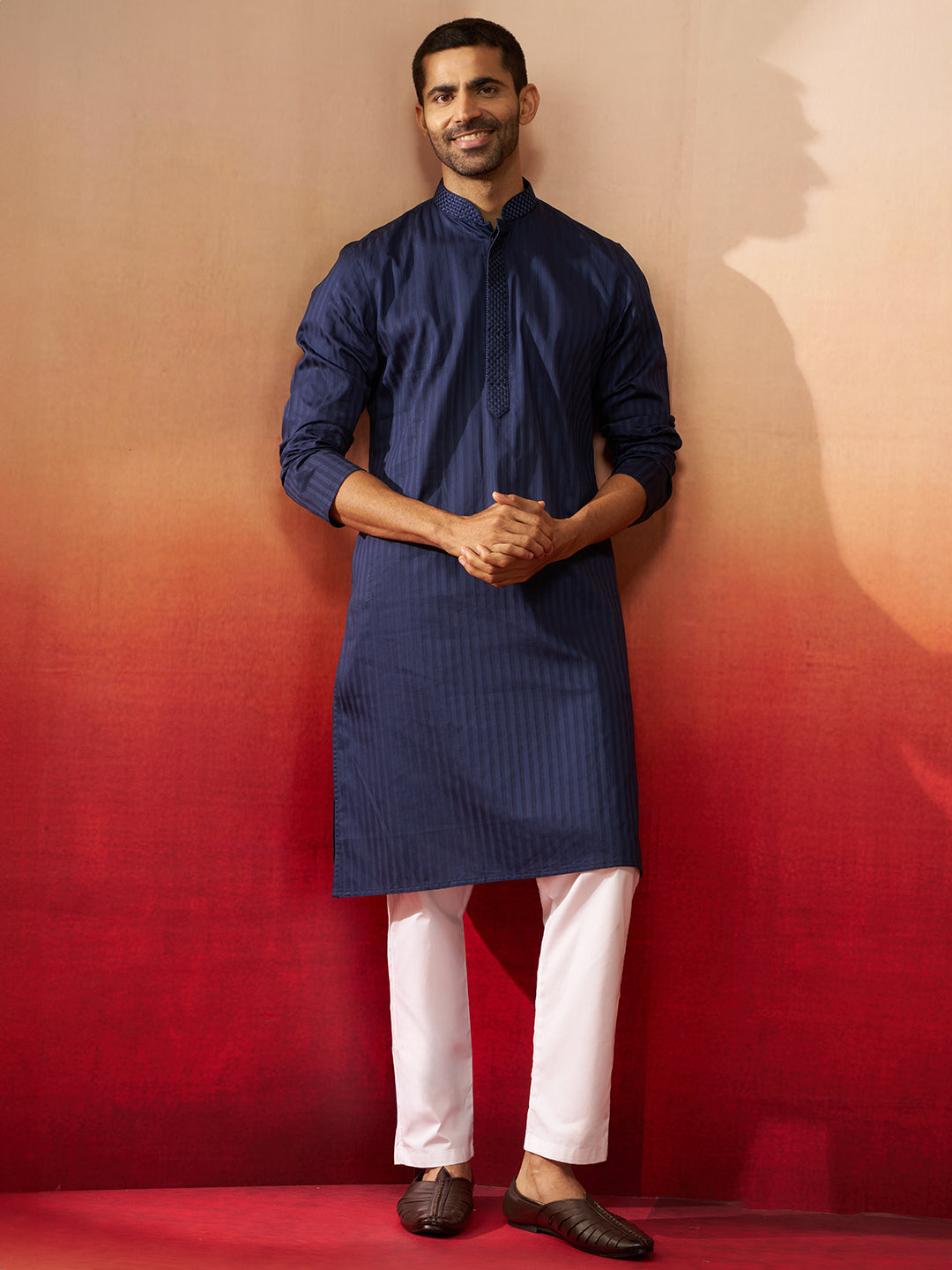 Men's Navy Blue Thread Embroidered Kurta with Pyjama