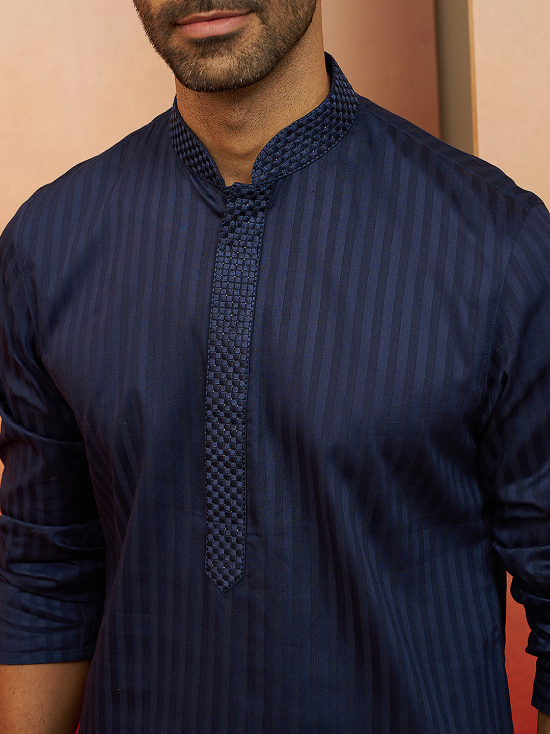 Men's Navy Blue Thread Embroidered Kurta with Pyjama