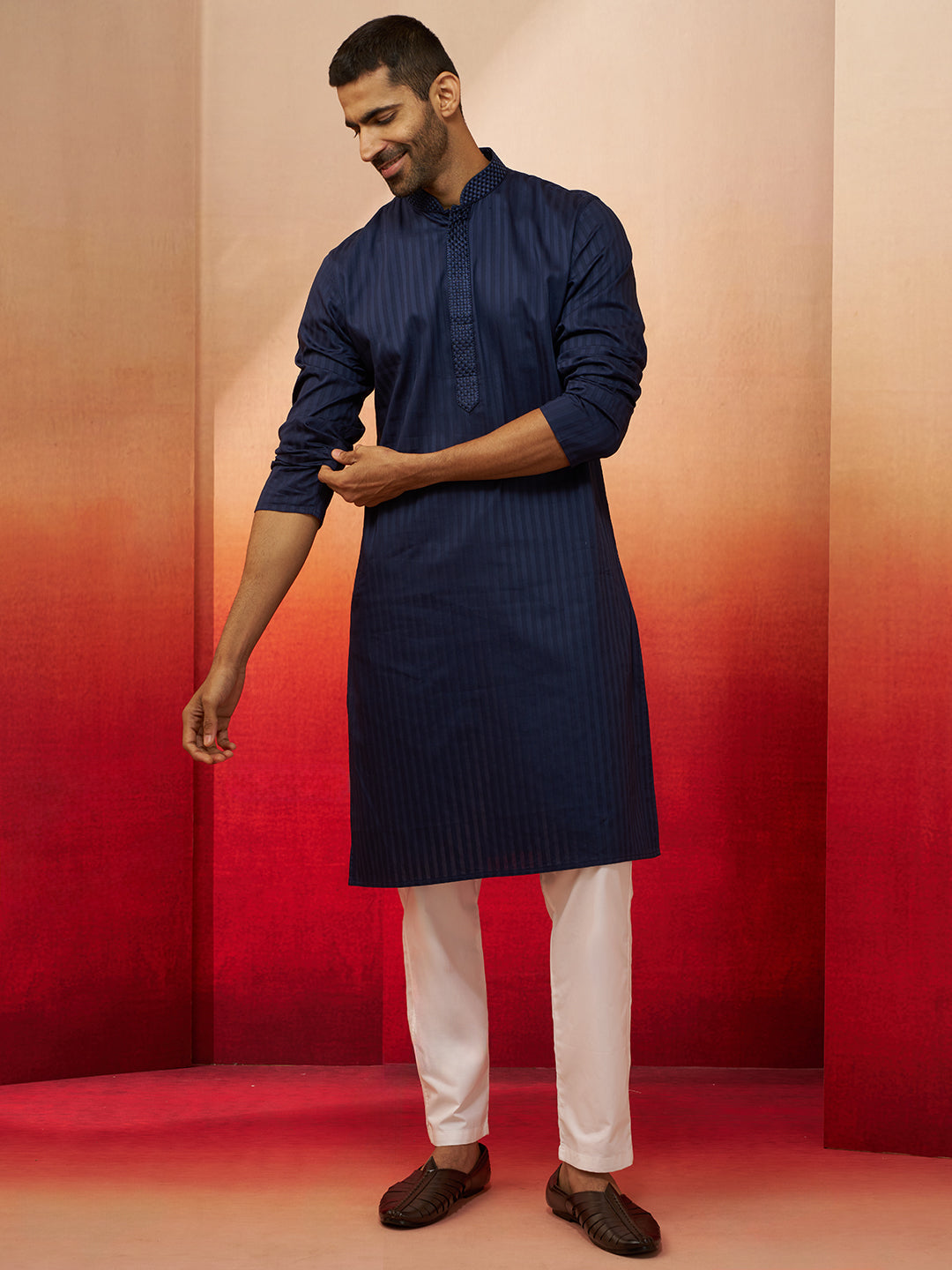 Men's Navy Blue Thread Embroidered Kurta with Pyjama
