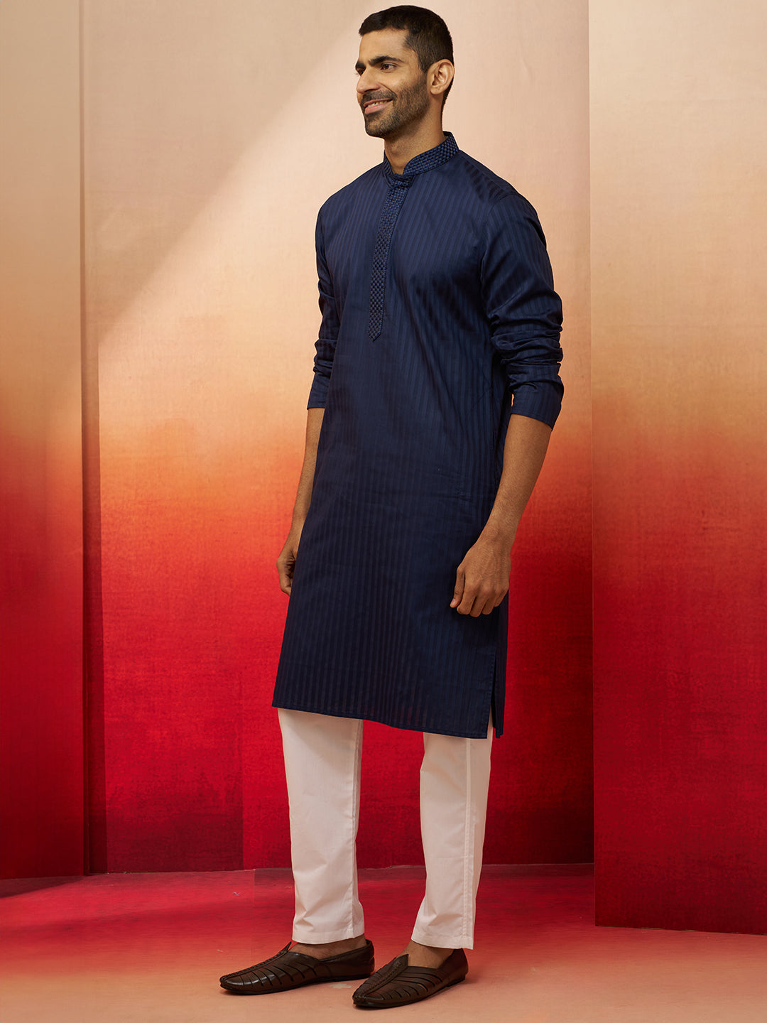 Men's Navy Blue Thread Embroidered Kurta with Pyjama