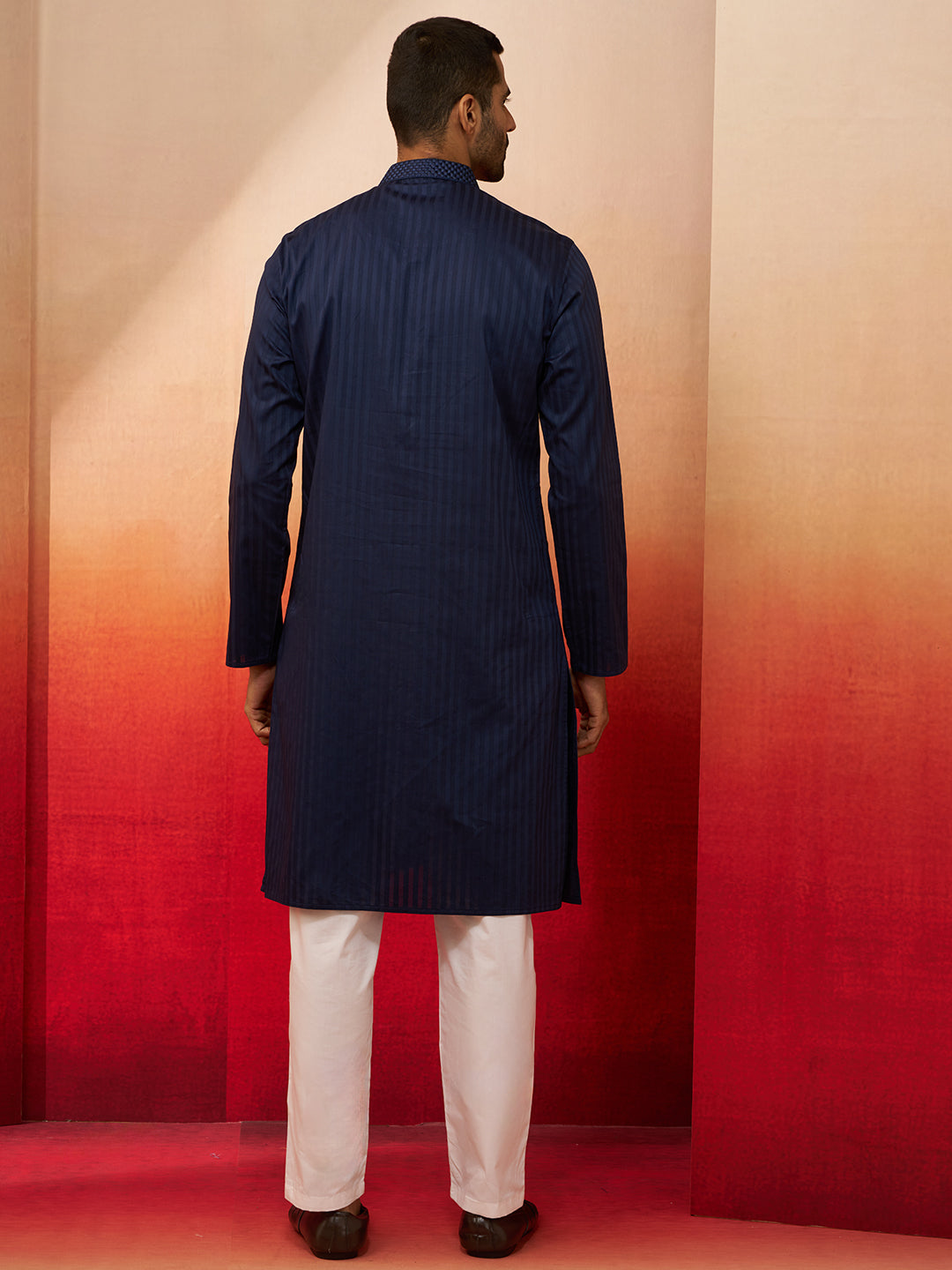 Men's Navy Blue Thread Embroidered Kurta with Pyjama