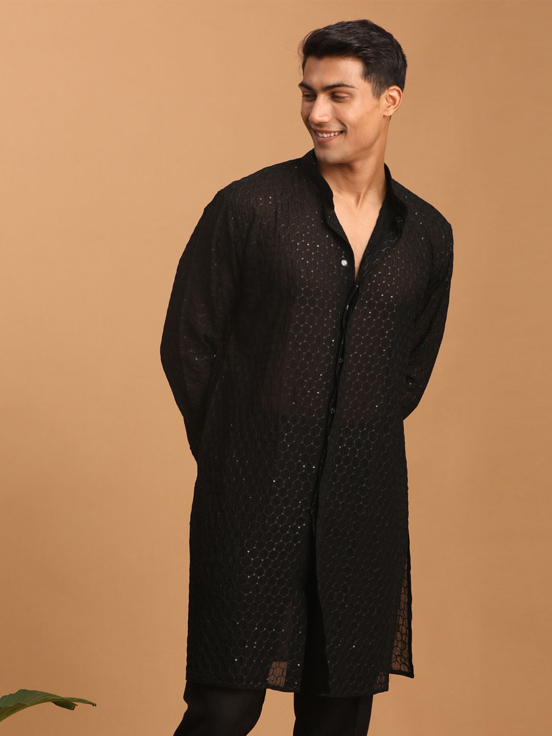 Men's Black Sequined Front Open Georgette Kurta