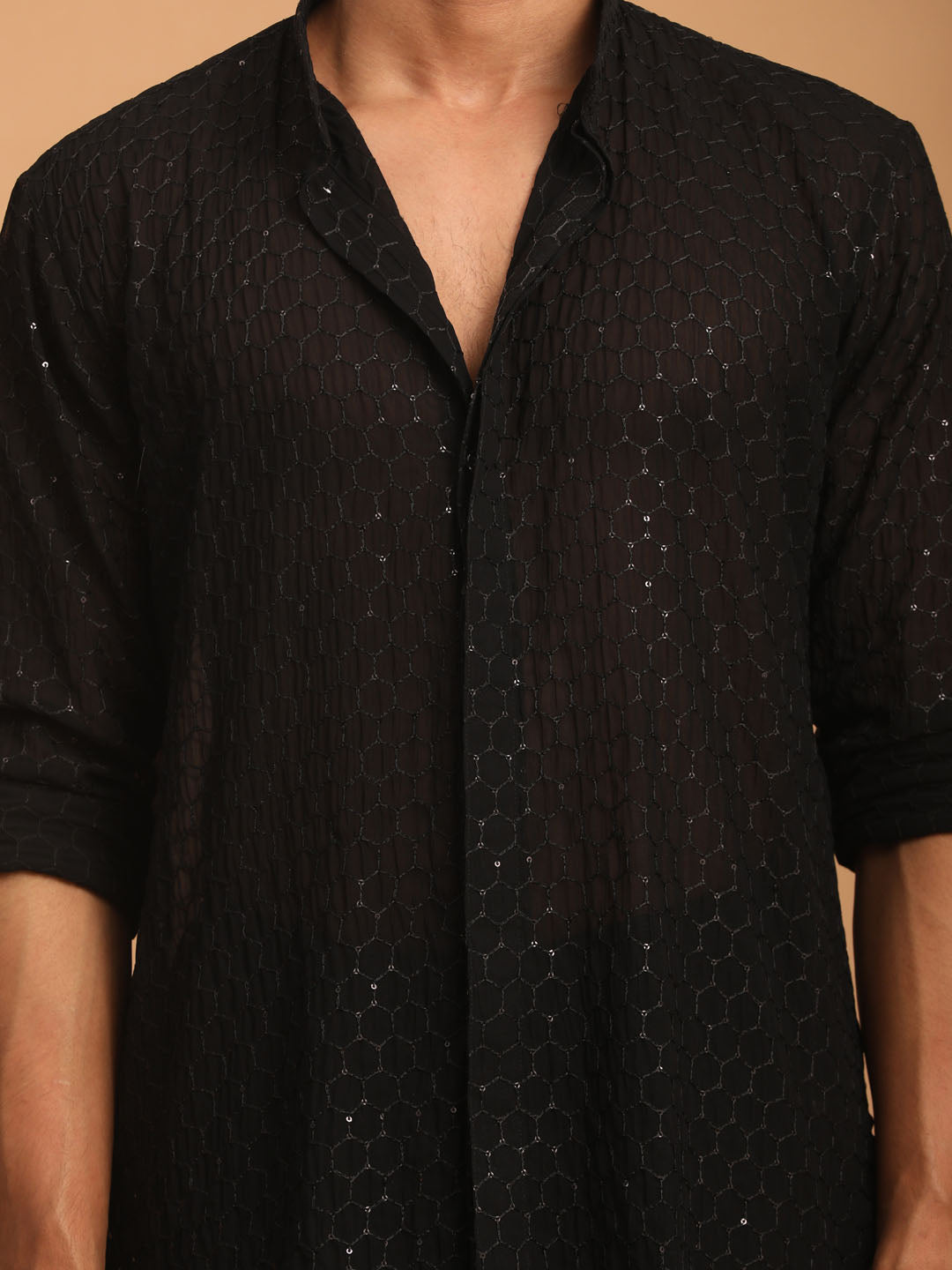 Men's Black Sequined Front Open Georgette Kurta With Patiala