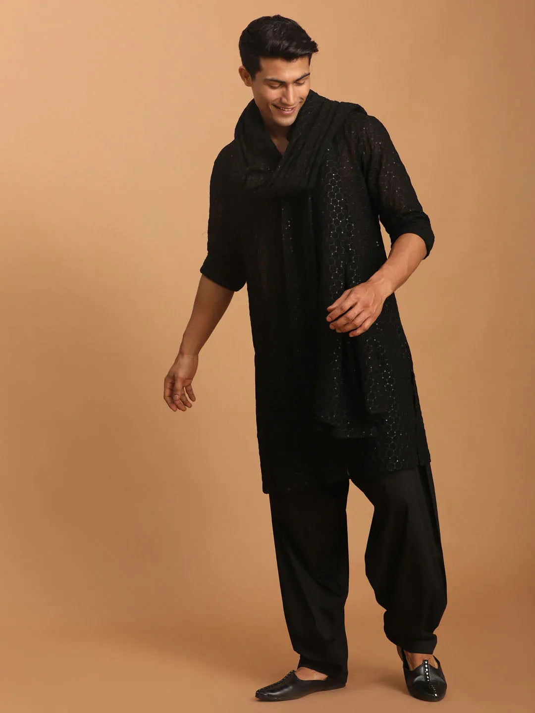 Men's Black Sequined Front Open Georgette Kurta With Patiala And Dupatta Set