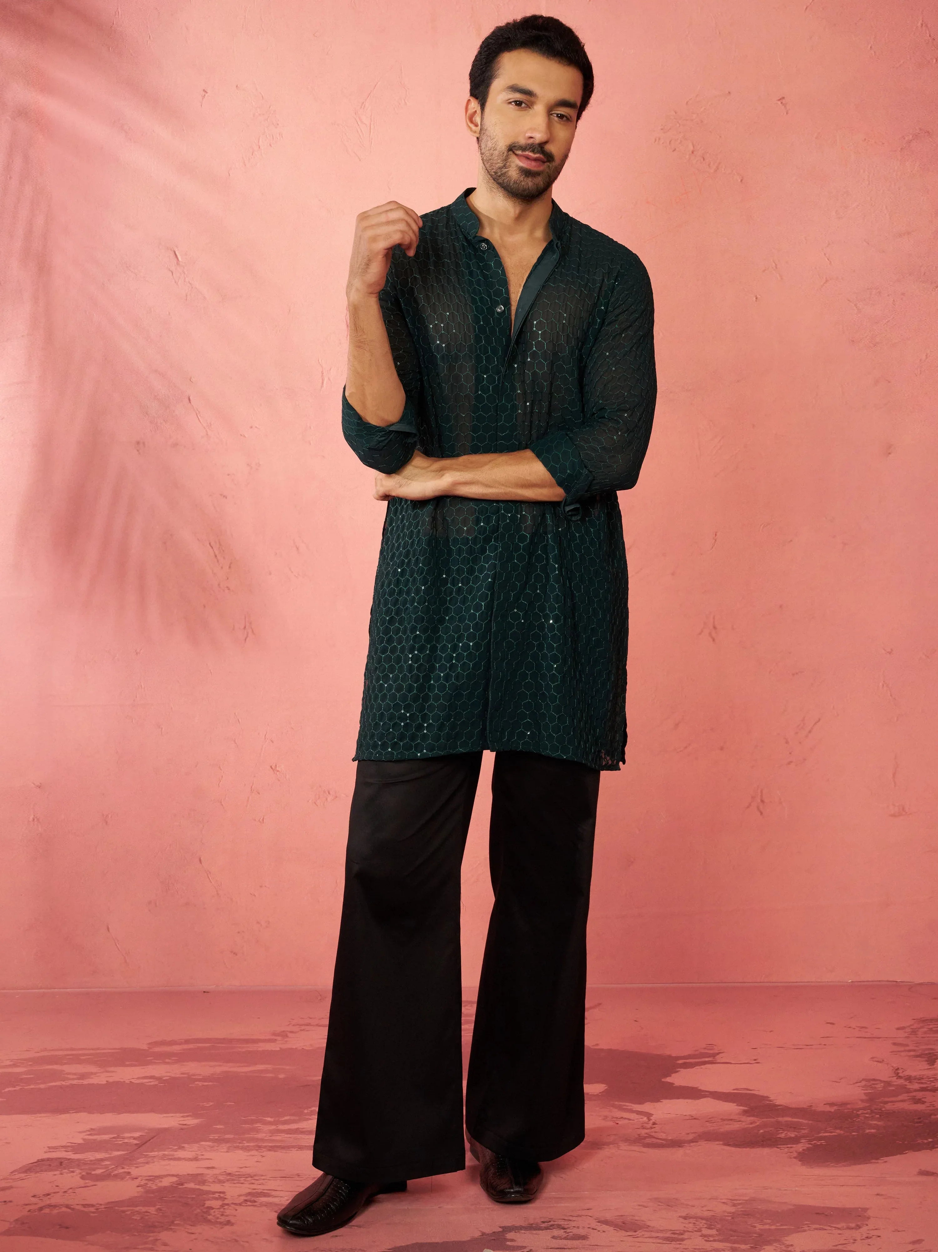 Men's Bottle Green Georgette Mid Kurta