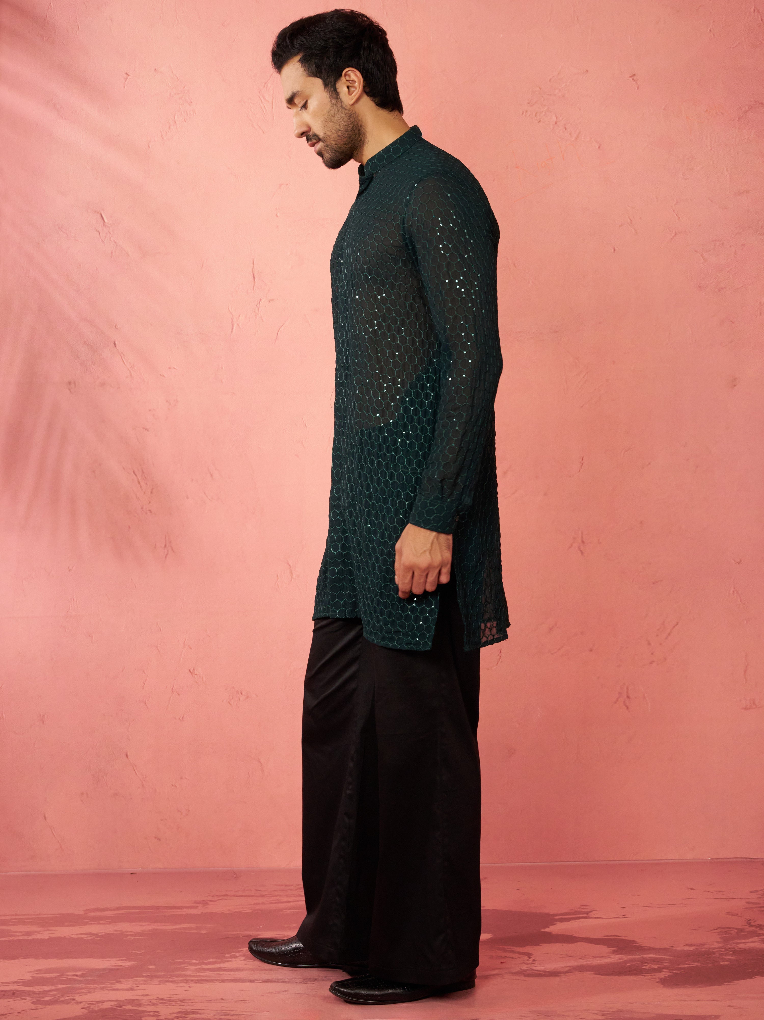 Men's Bottle Green Georgette Embroidered Kurta with Black Satin Palazzo Pant Set