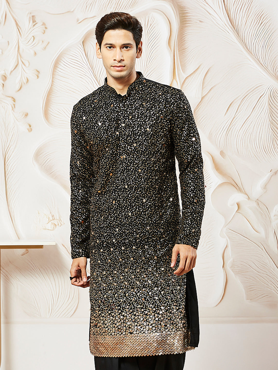 Men's Black Georgette Zari With Sequins Worked Kurta