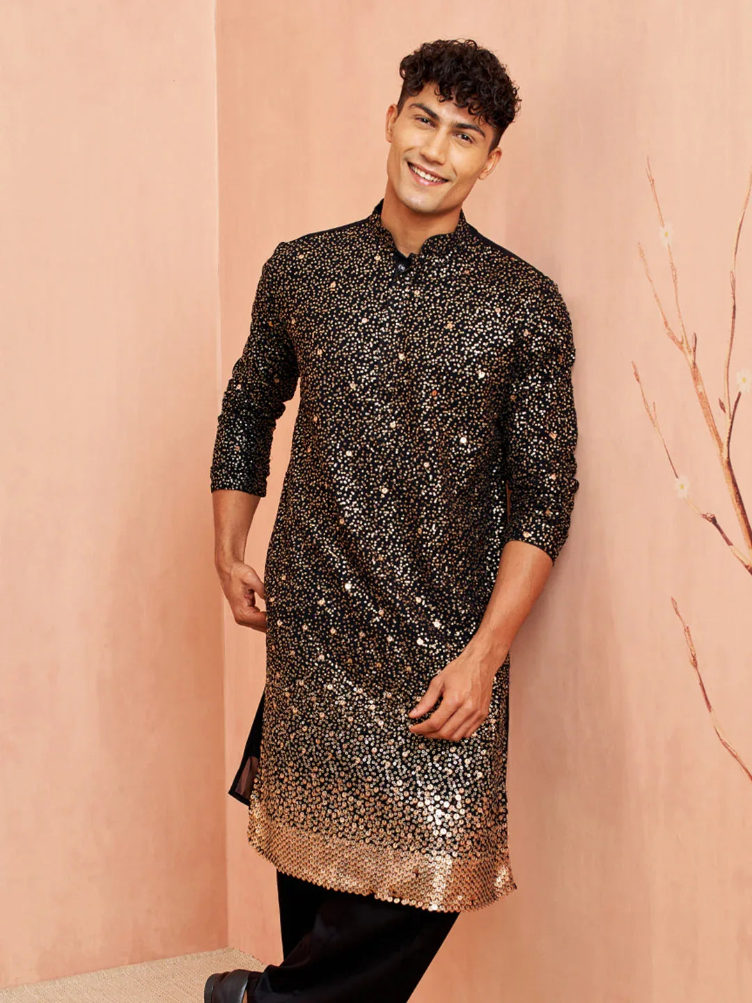 Men's Black Georgette Zari With Sequins Worked Kurta