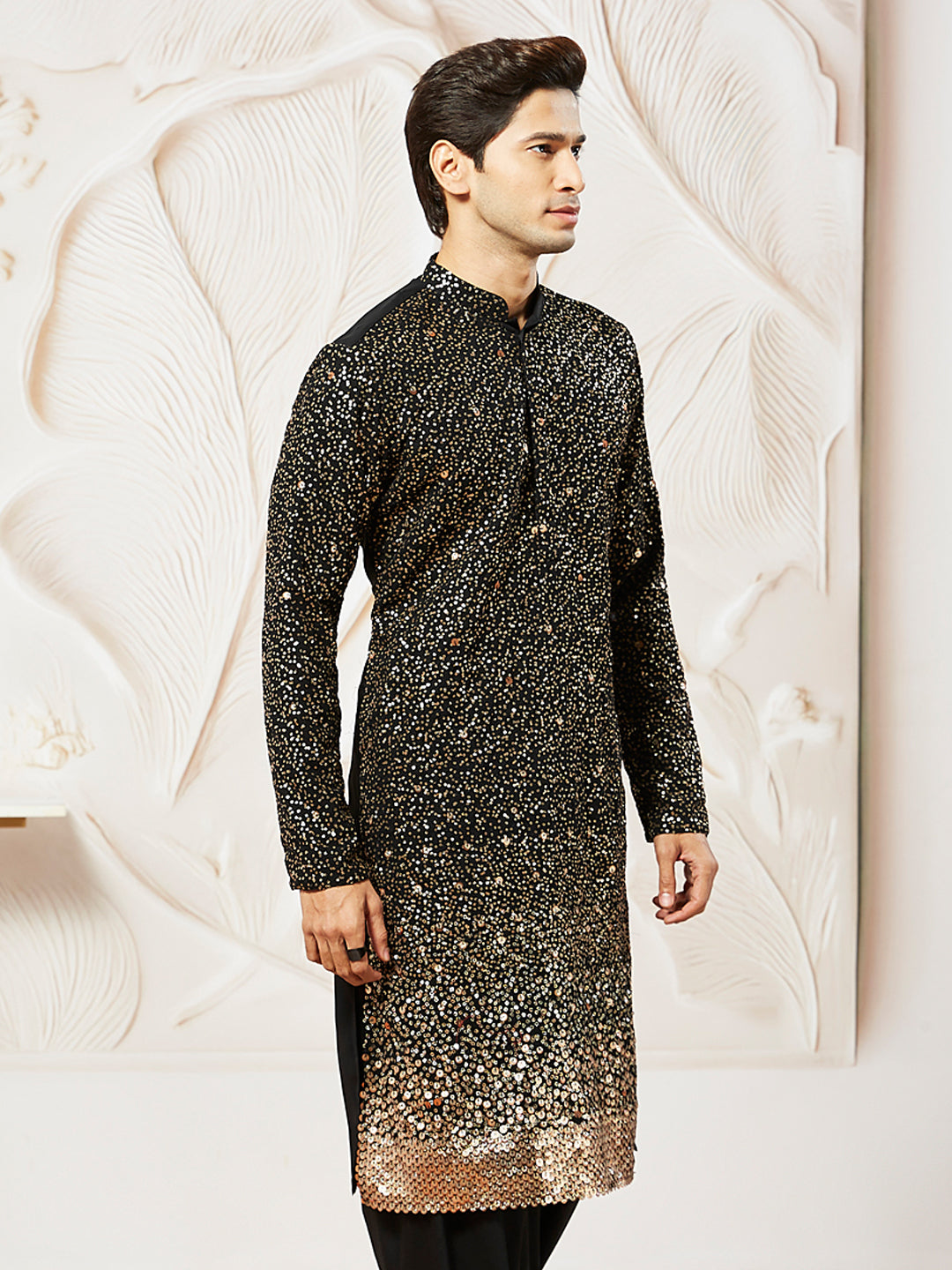 Men's Black Georgette Zari With Sequins Worked Kurta