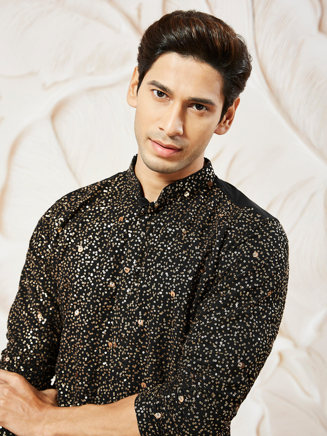 Men's Black Georgette Zari With Sequins Worked Kurta