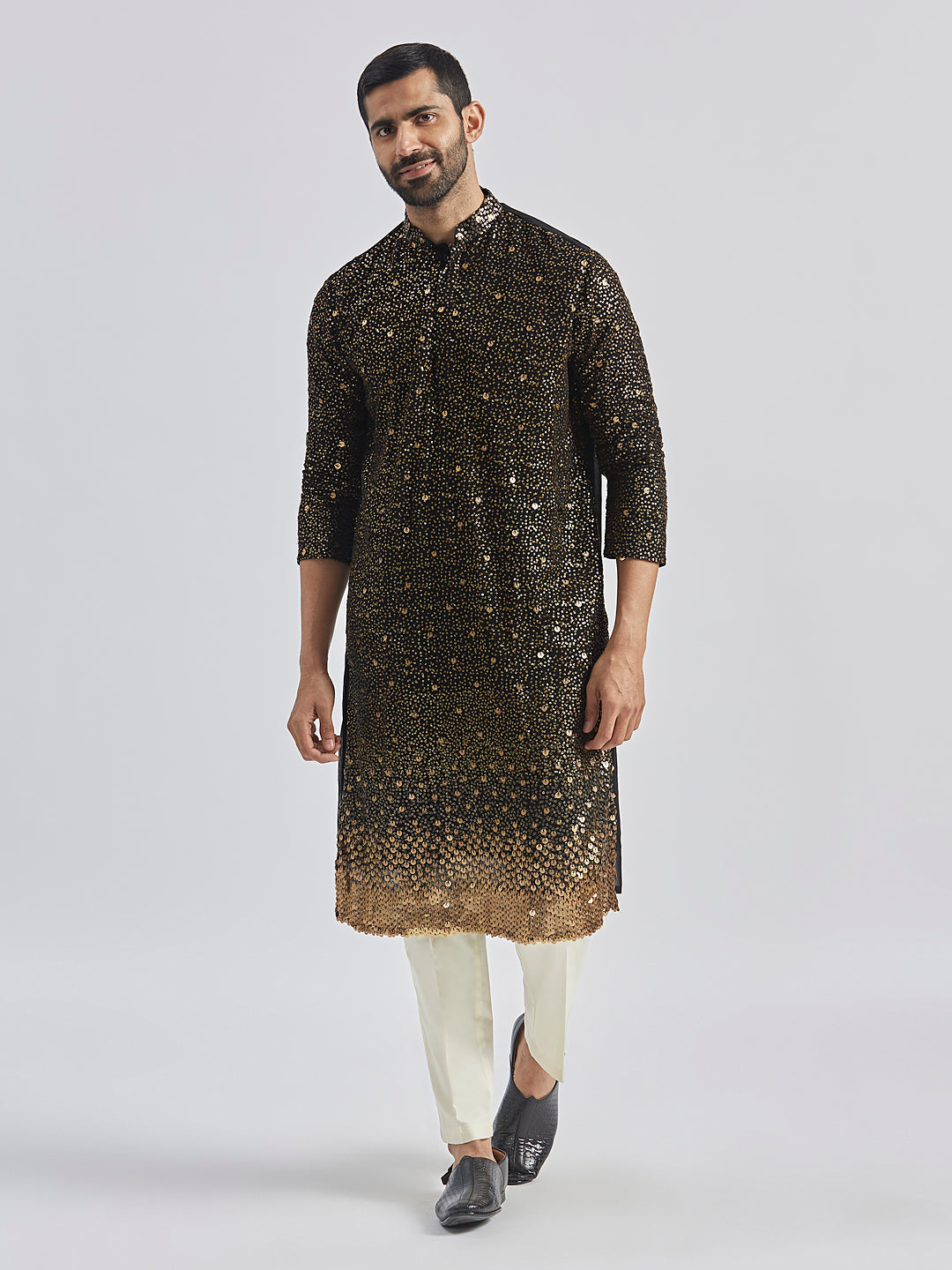 Men's Black And Cream Georgette Kurta Pyjama Set