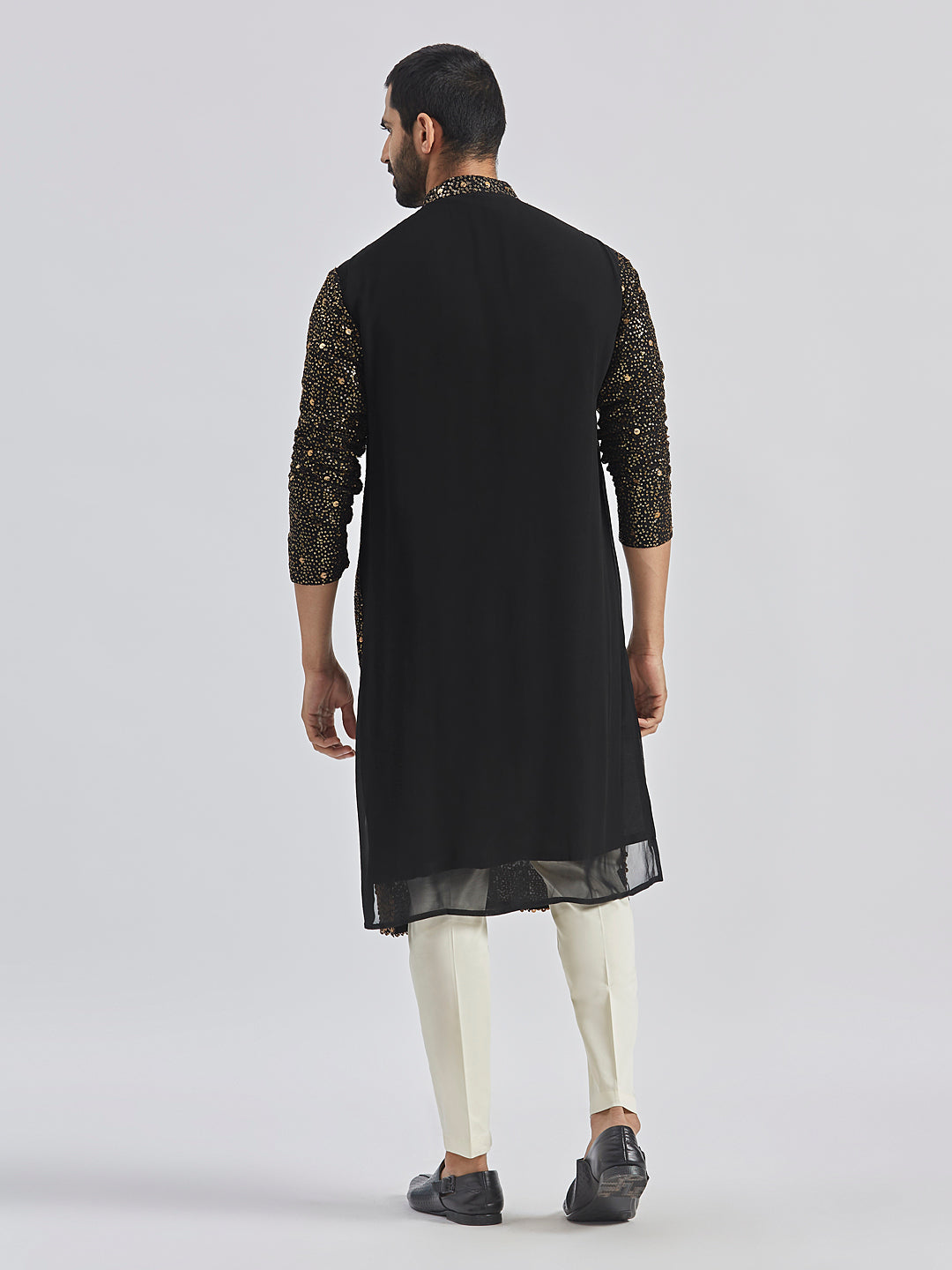 Men's Black And Cream Georgette Kurta Pyjama Set