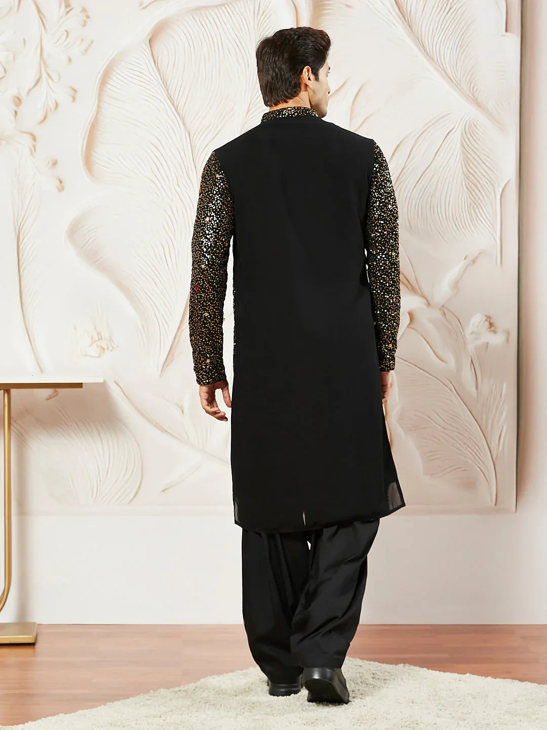 Men's Black Georgette Zari With Sequins Worked Kurta Patiala Set
