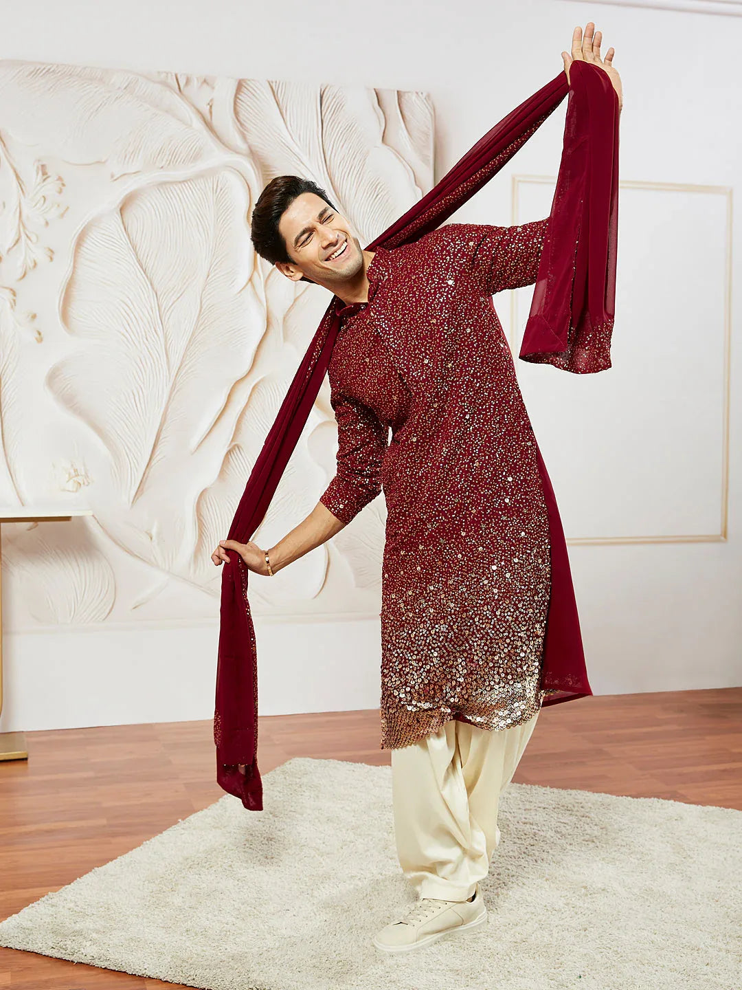 Men's Maroon Georgette Zari With Sequins Worked Kurta
