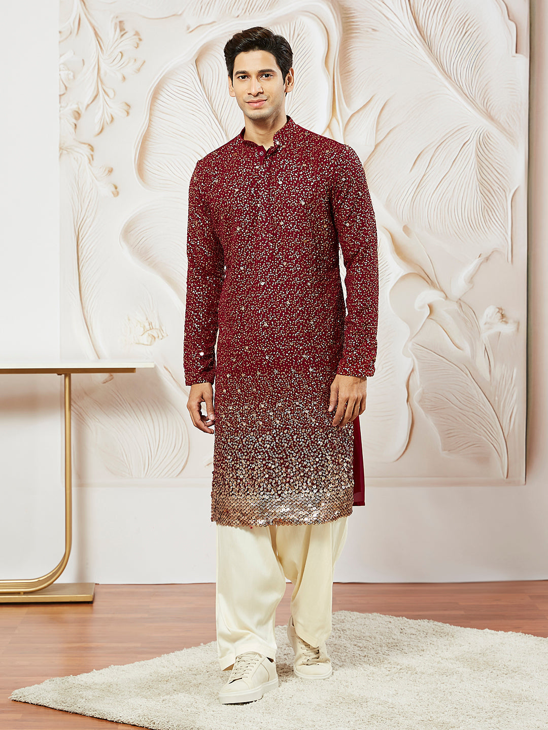 Men's Maroon Georgette Zari With Sequins Worked Kurta Patiala Set