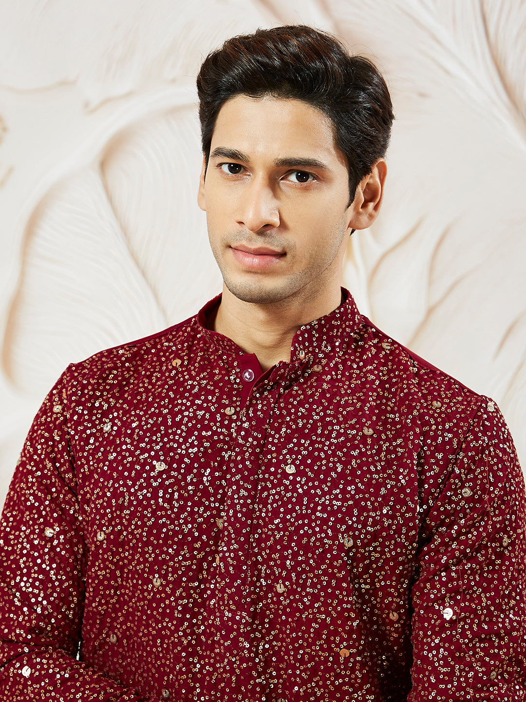 Men's Maroon Georgette Zari With Sequins Worked Kurta Patiala Set
