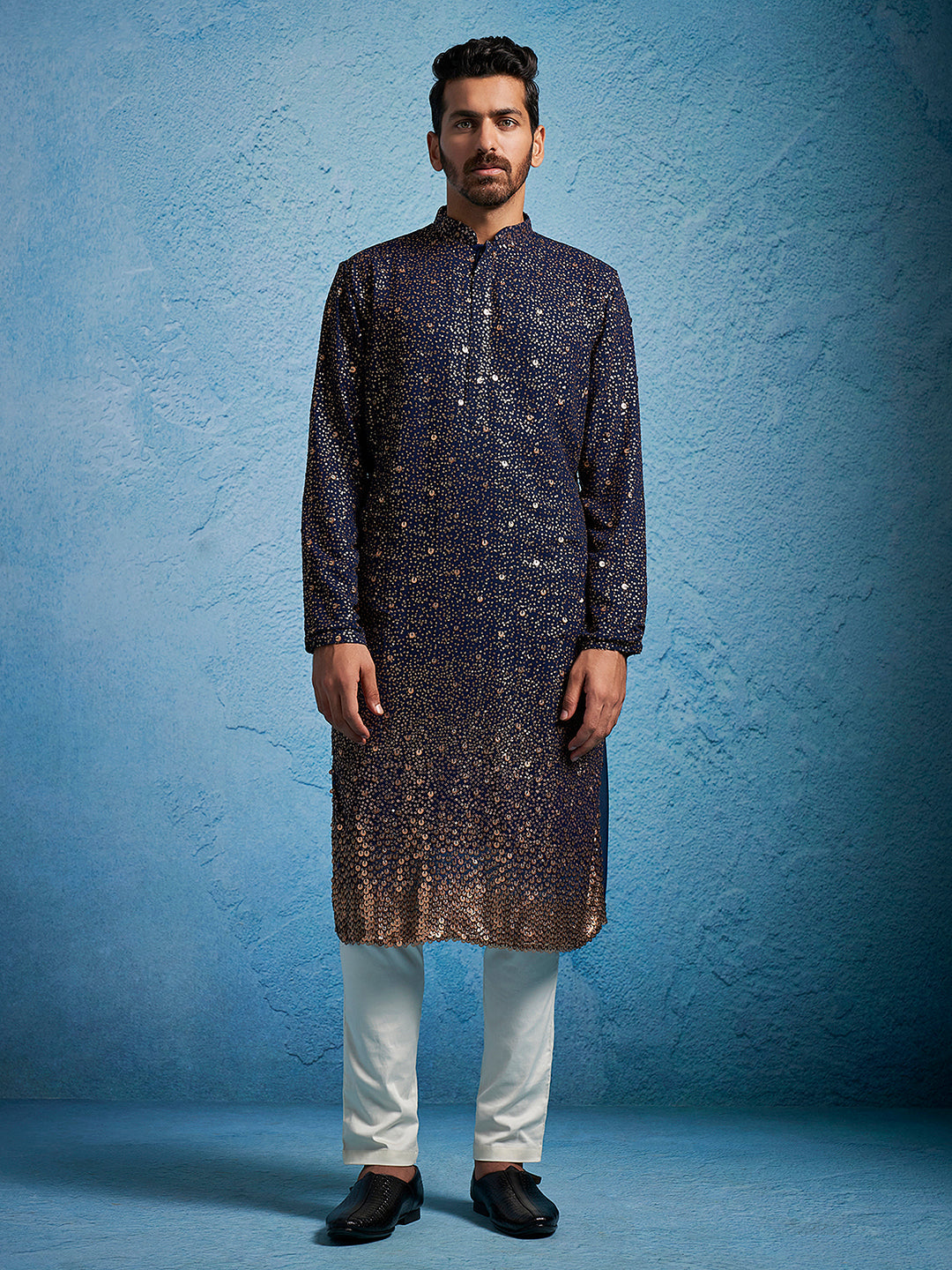Men's Navy Blue And Cream Georgette Kurta Pyjama Set