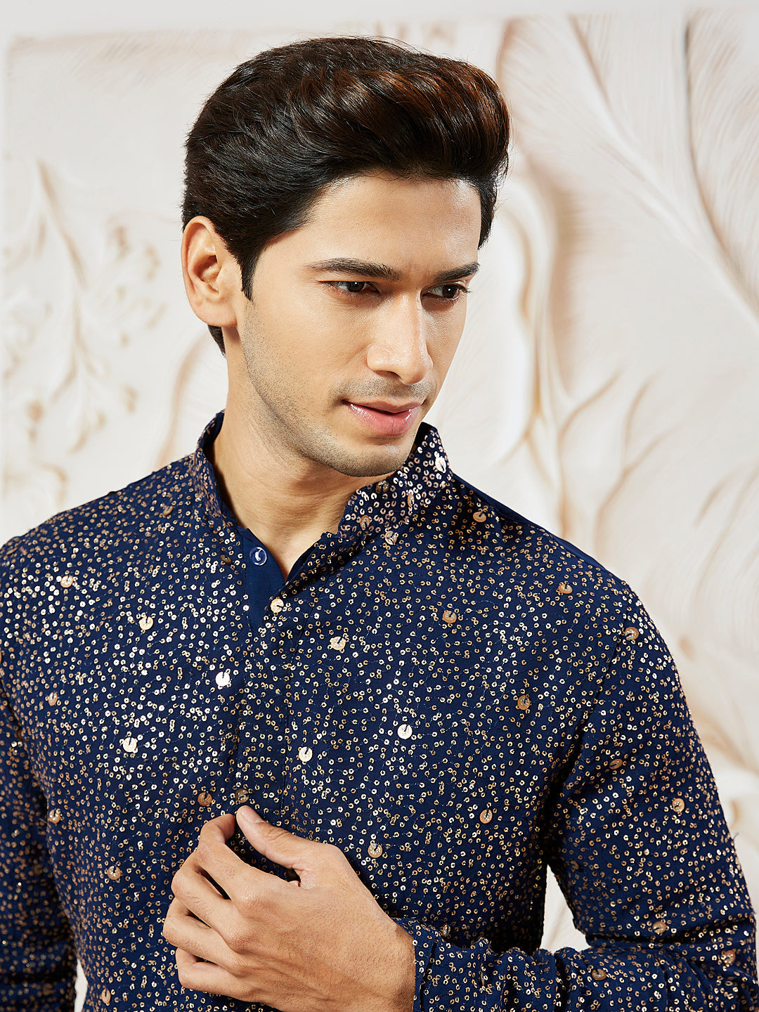 Men's Navy Blue Georgette Zari With Sequins Worked Kurta Patiala Set