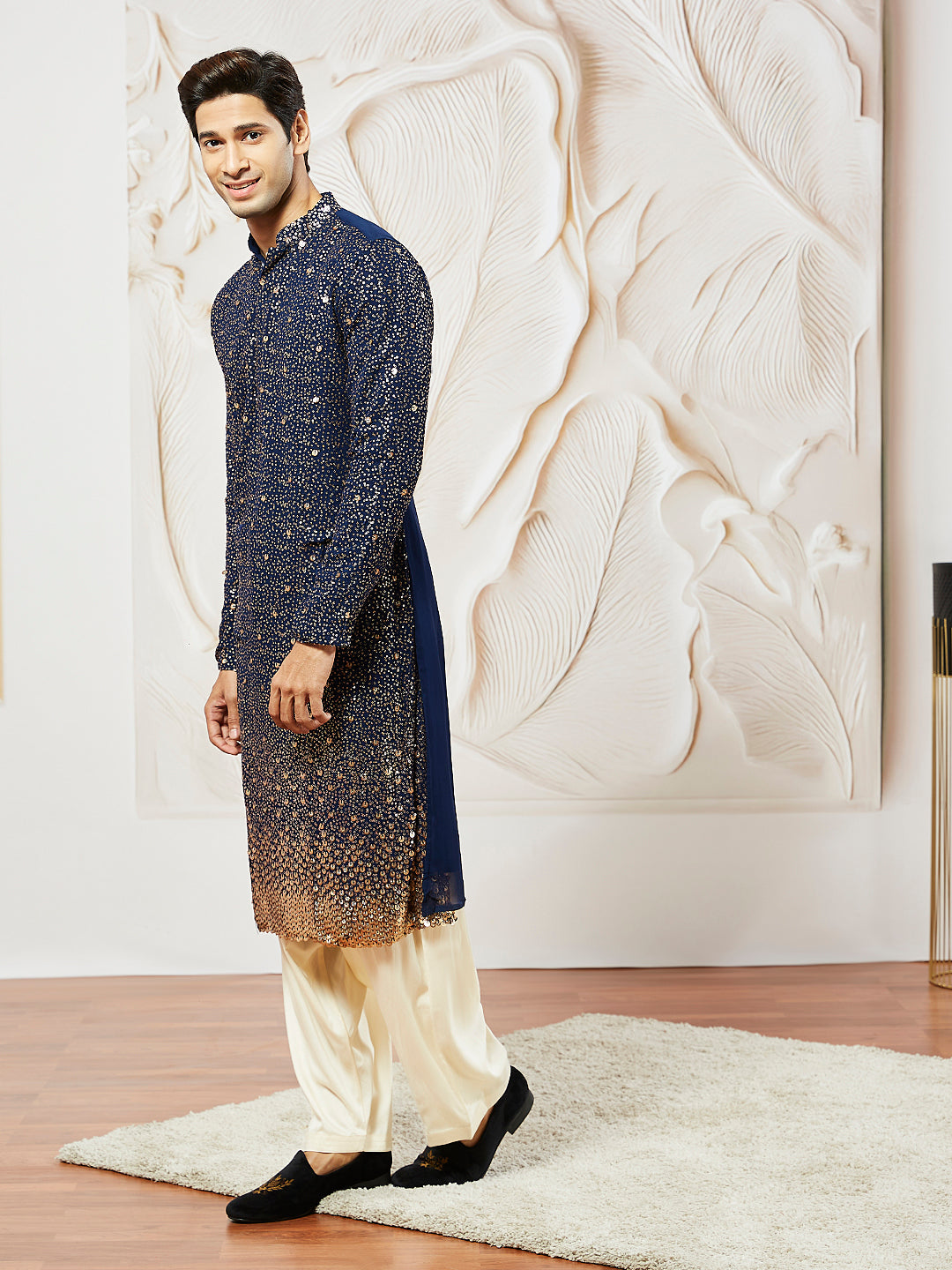 Men's Navy Blue Georgette Zari With Sequins Worked Kurta Patiala Set