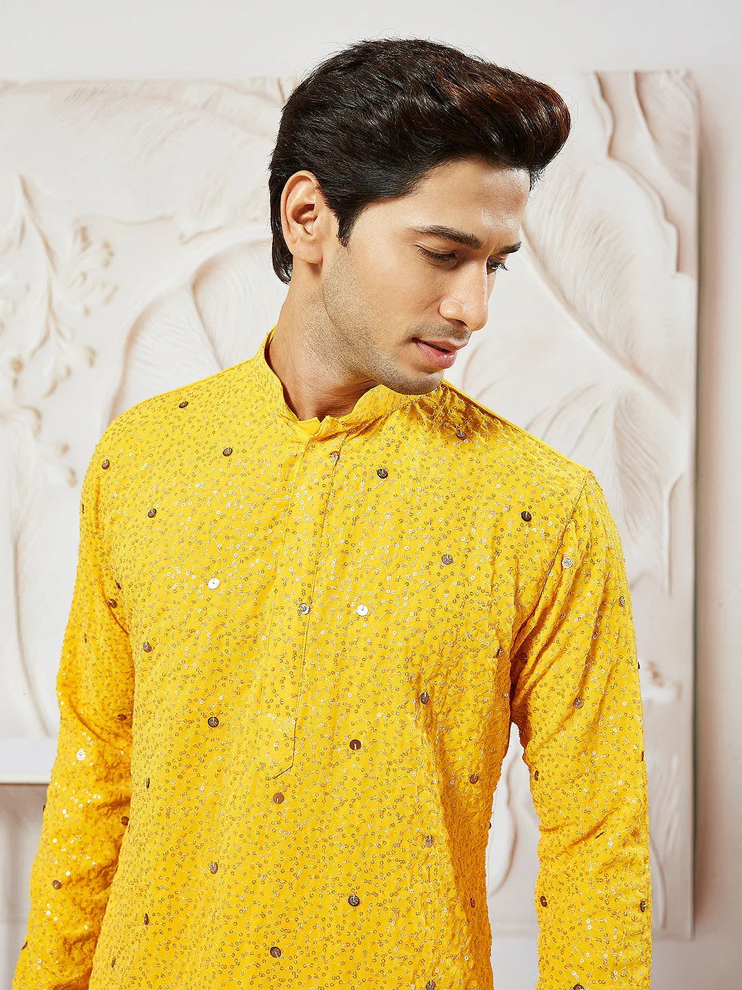 Men's Yellow Georgette Zari With Sequins Worked Kurta