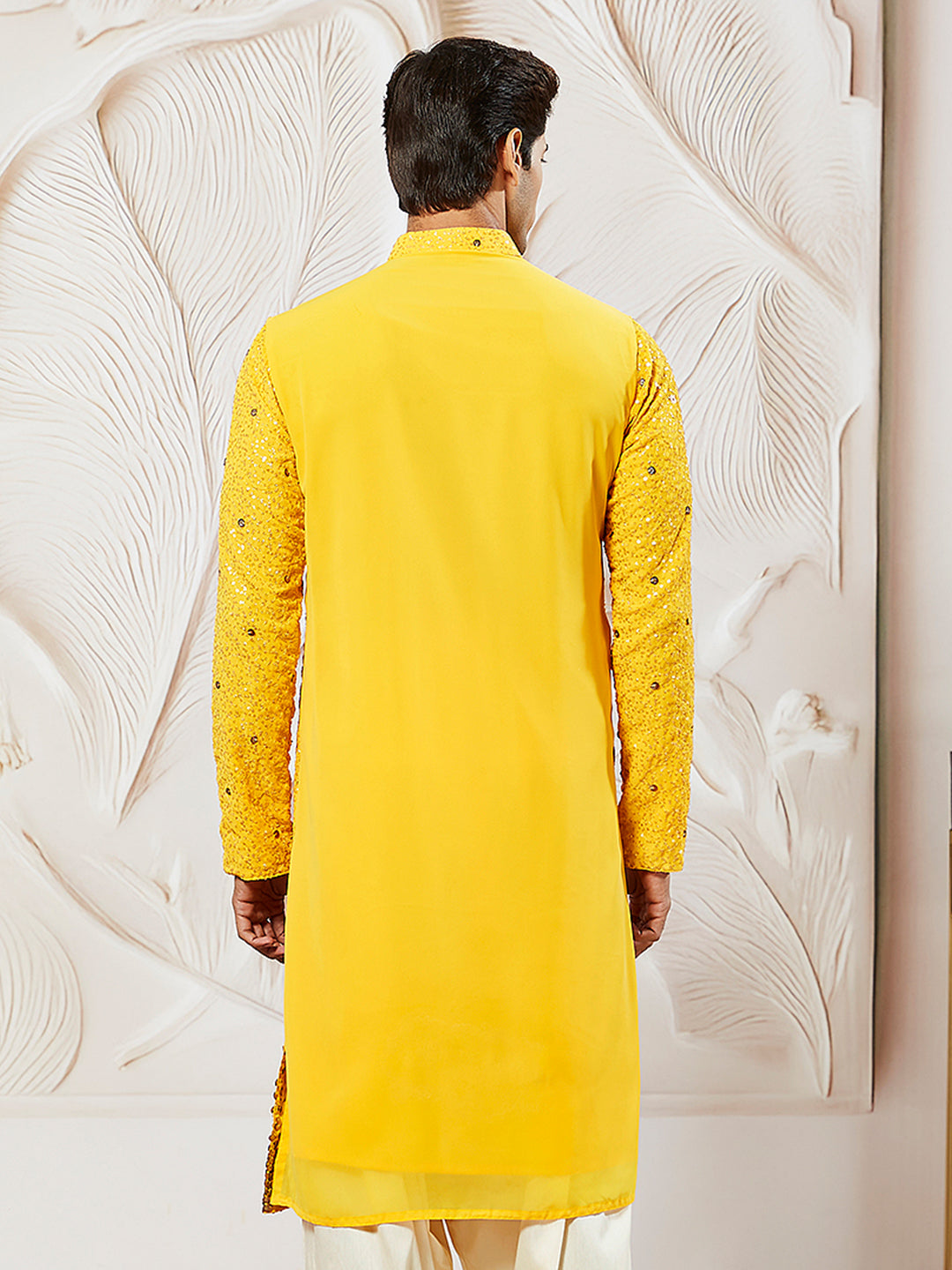 Men's Yellow Georgette Zari With Sequins Worked Kurta