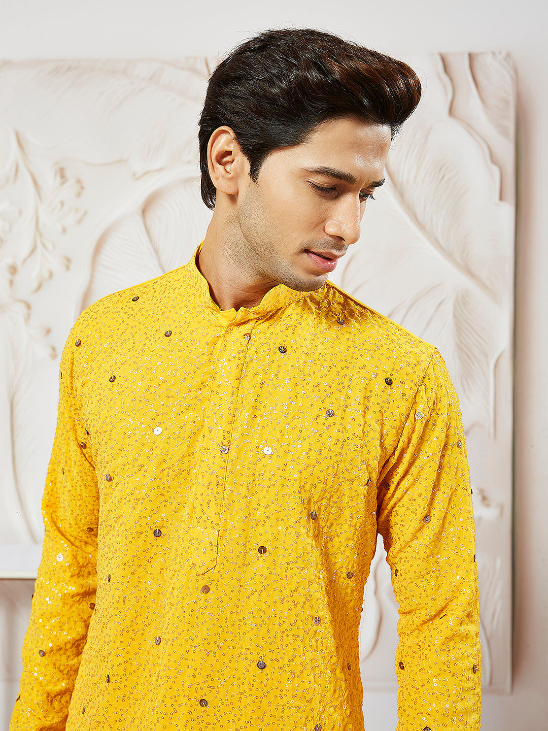 Men's Yellow Georgette Zari With Sequins Worked Kurta Patiala Set