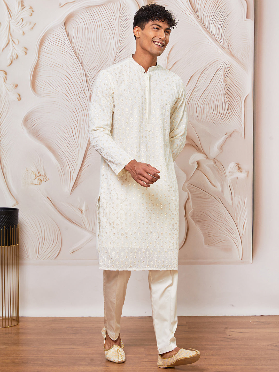 Men's Cream Georgette Kurta Pant Set